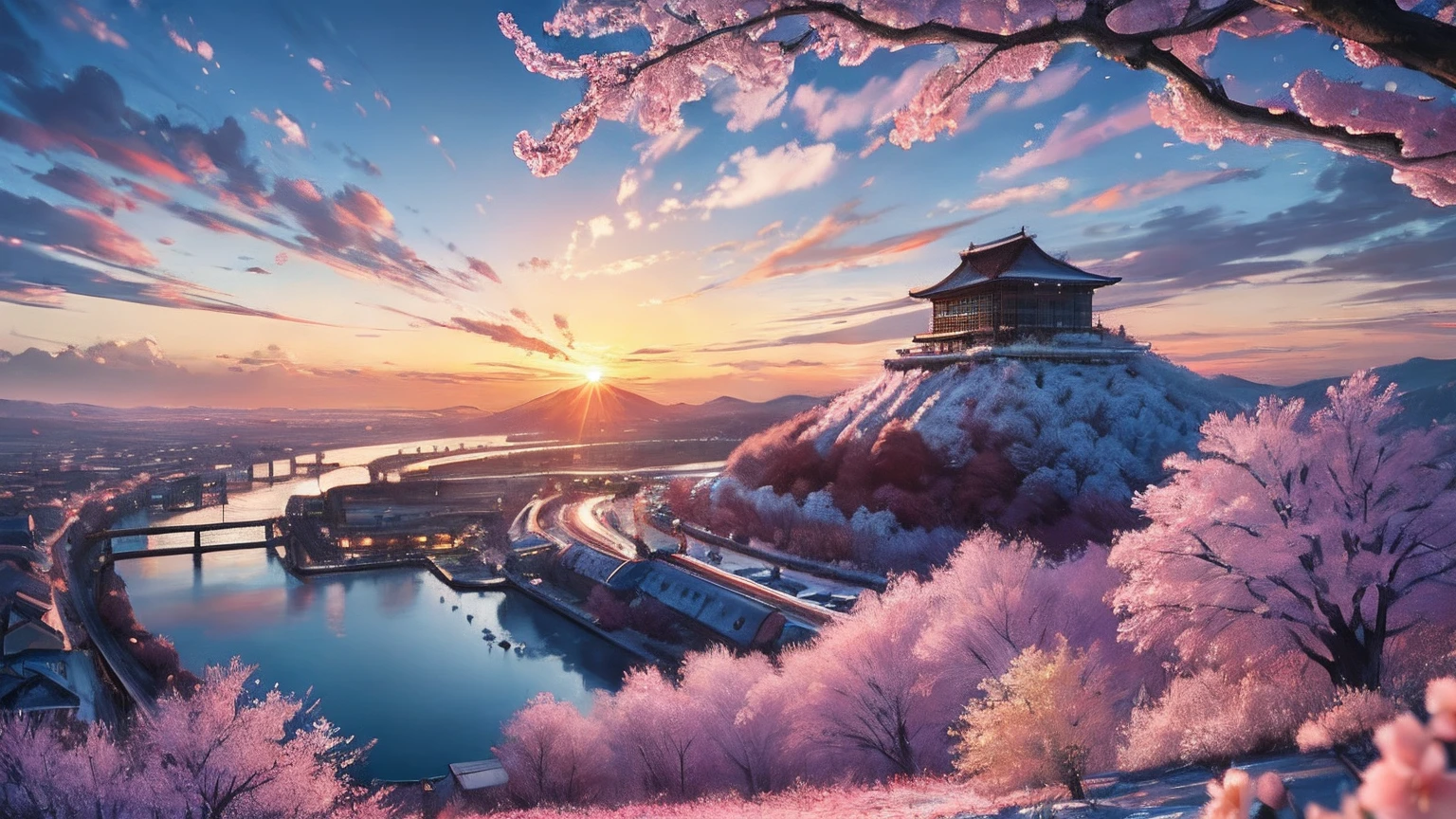 (masterpiece, best quality:1.2), ultra detailed, cinematic lighting, HDR, ilustration, landsape, sunrise, cherry blossom, impressive, chill, inspirational,