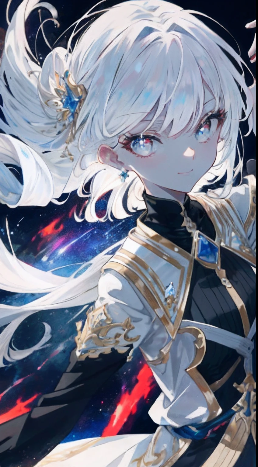 (Simple hand: 0.5) + (Detailed hand: 0.7), (Masterpiece), (Best quality), White hair, red eyes, 1 girl, pale skin, white hair, red eyes, bicolor hair, eyelashes, bracelets, jewelry, smile, sparkling skin, shiny hair, detailed and majestic stage, fantasy, long hair, 1 girl, bicolor hair, night sky, incredibly detailed CG illustration masterpiece looking at you, anime, beautiful anime eyes, beautiful detailed eyes, eyes, sparkling eyes, Different colored eyes, red eyes, blue eyes, galaxy, nebula, (whole body), (curve)