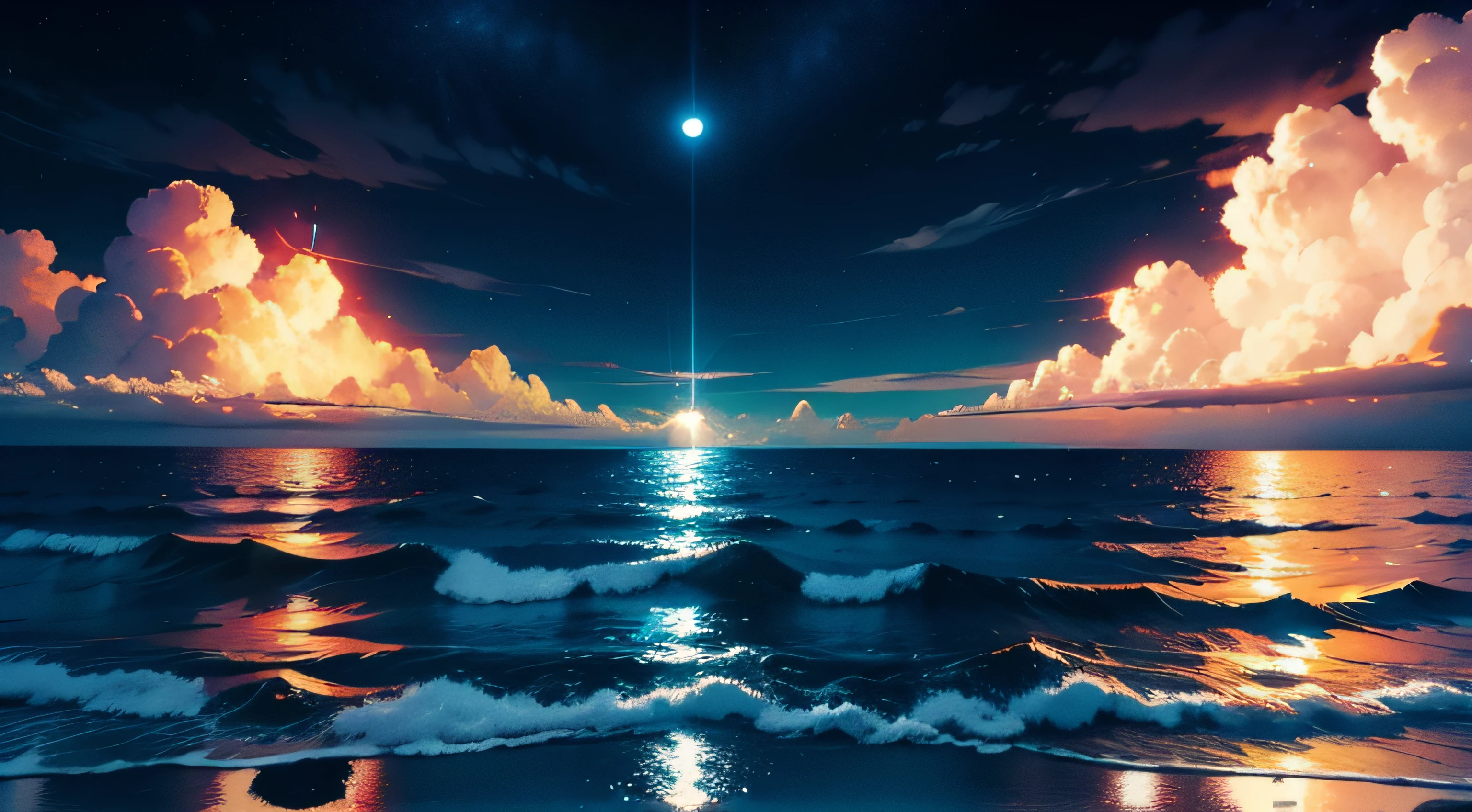 A background photo, escuro, de noite, mar, lua refletindo no mar, 4k, HQ, super detalhado, horizonte