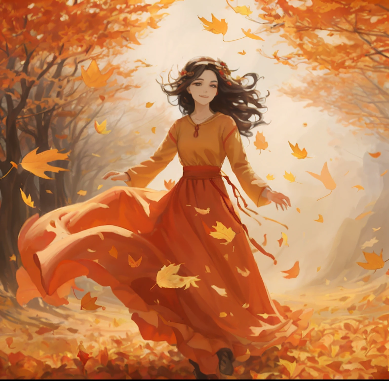 Painting a woman in a red dress walking through a field of leaves, goddess of autumn, beautiful autumn spirit, Autumn wind, rob rey, autumnal empress, Autumn leaves fall, wind blowing leaves, by Cynthia Sheppard, inspirado em Cynthia Sheppard, wind blowing leaves, Artgerm and Atey Ghailan, the goddess of autumn harvest, falling leaf, Falling leaves