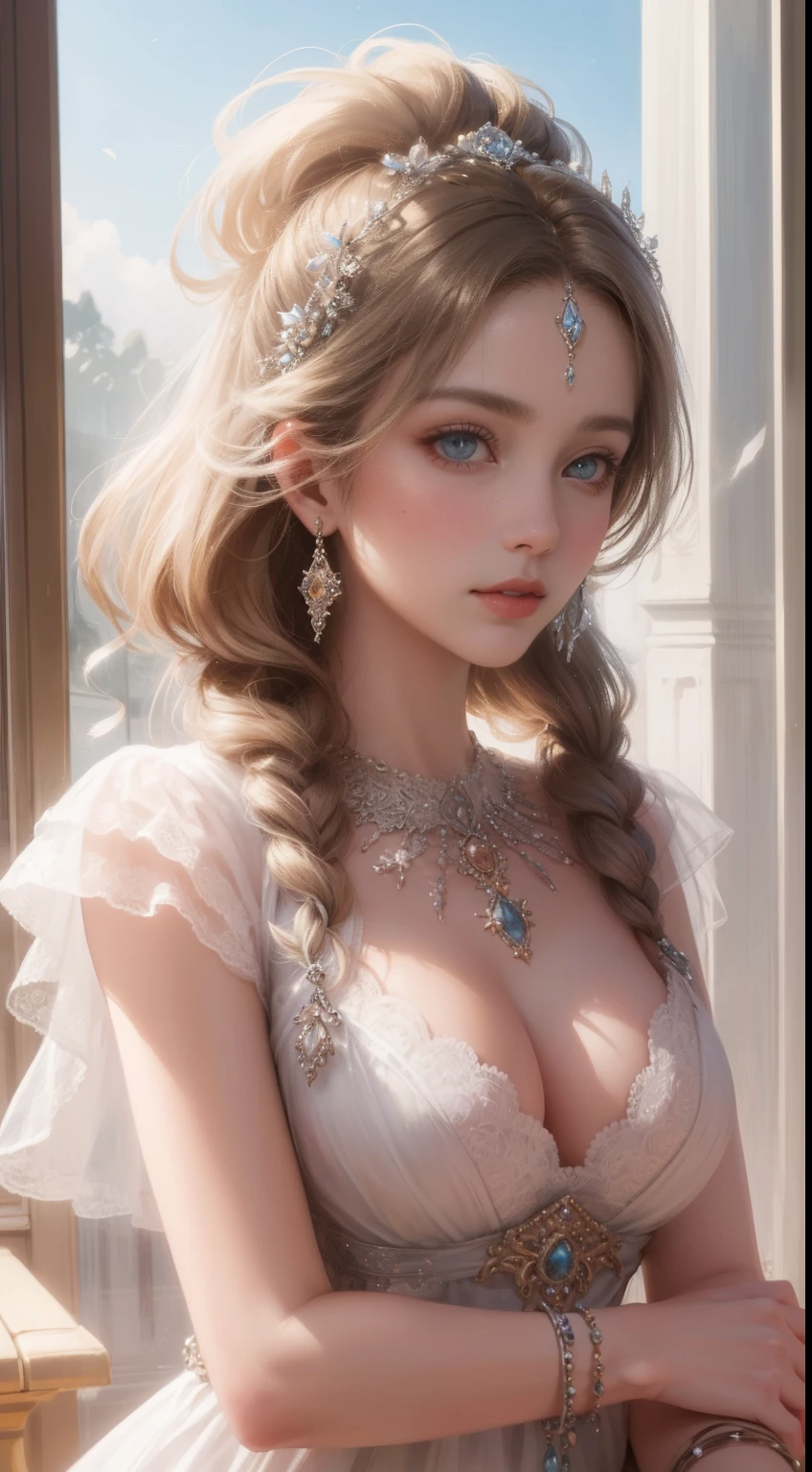 tmasterpiece,Highest high resolution,Bust of a beautiful noble maiden,Delicate braided hair,Coiled hair,Shining clear eyes,The hair is covered with beautiful and delicate jewelry floral craftsmanship, crystal、Diamond jewelry filigree,Ultra-detailed details,upscaled,softlighting。
