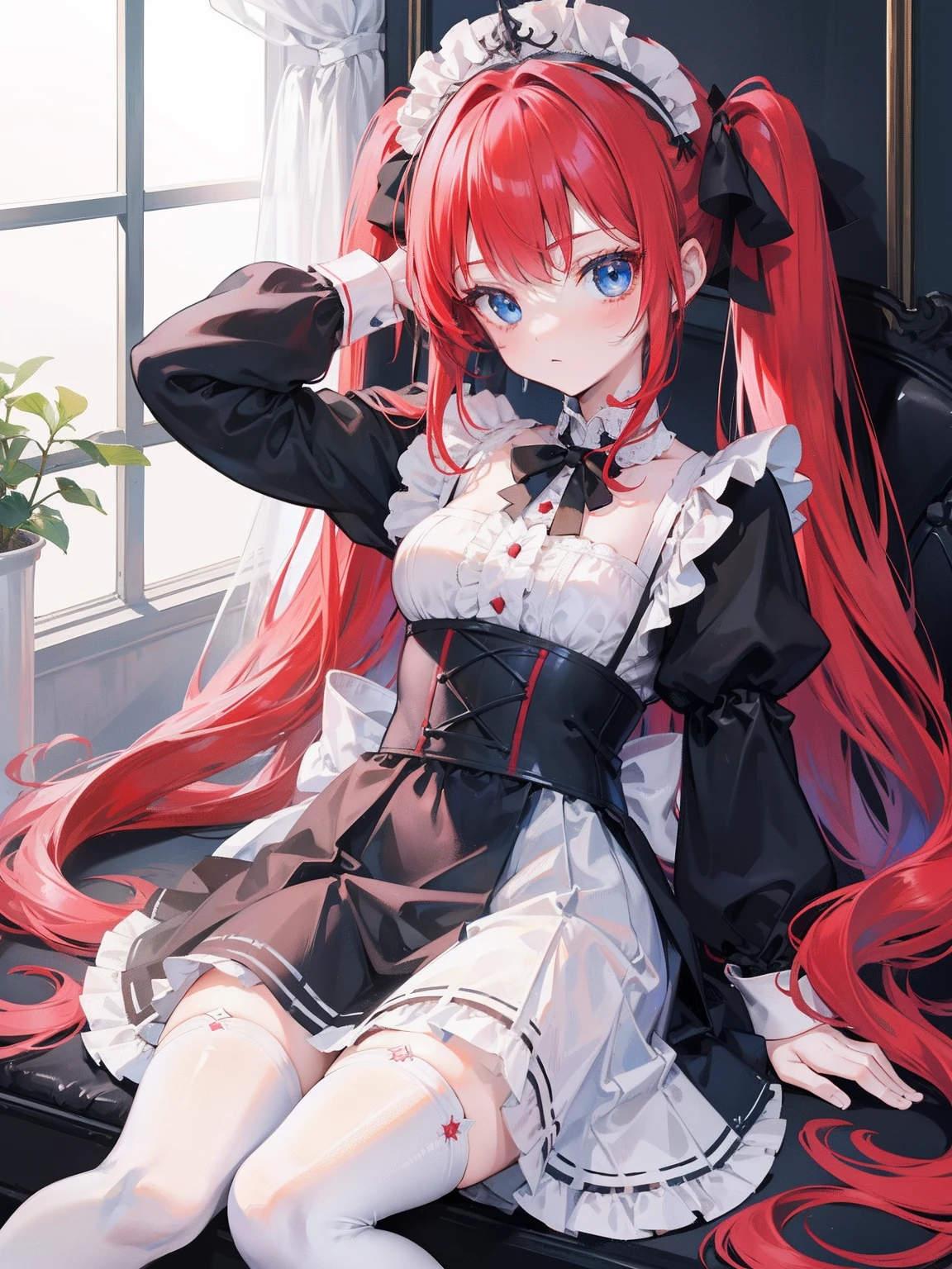red hair,blue eyes,twintails,maid, long hair, long sleeves, gothic, solo, loli,Short skirt, white stockings,{{best quality}}, {{masterpiece}}, {{ultra-detailed}}, {illustration}, {detailed light}, {an extremely delicate and beautiful}, girl,cute,