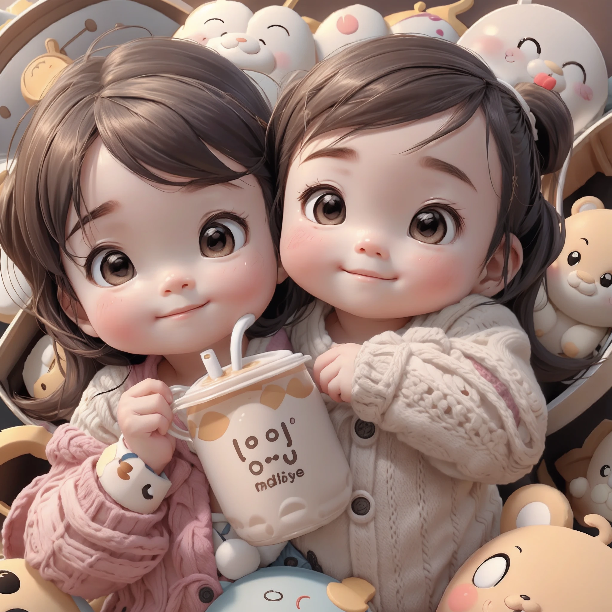Best quality at best,1girll, a baby face, ssmile, adolable, C4D,Idle,drinking milktea,Unhappy
