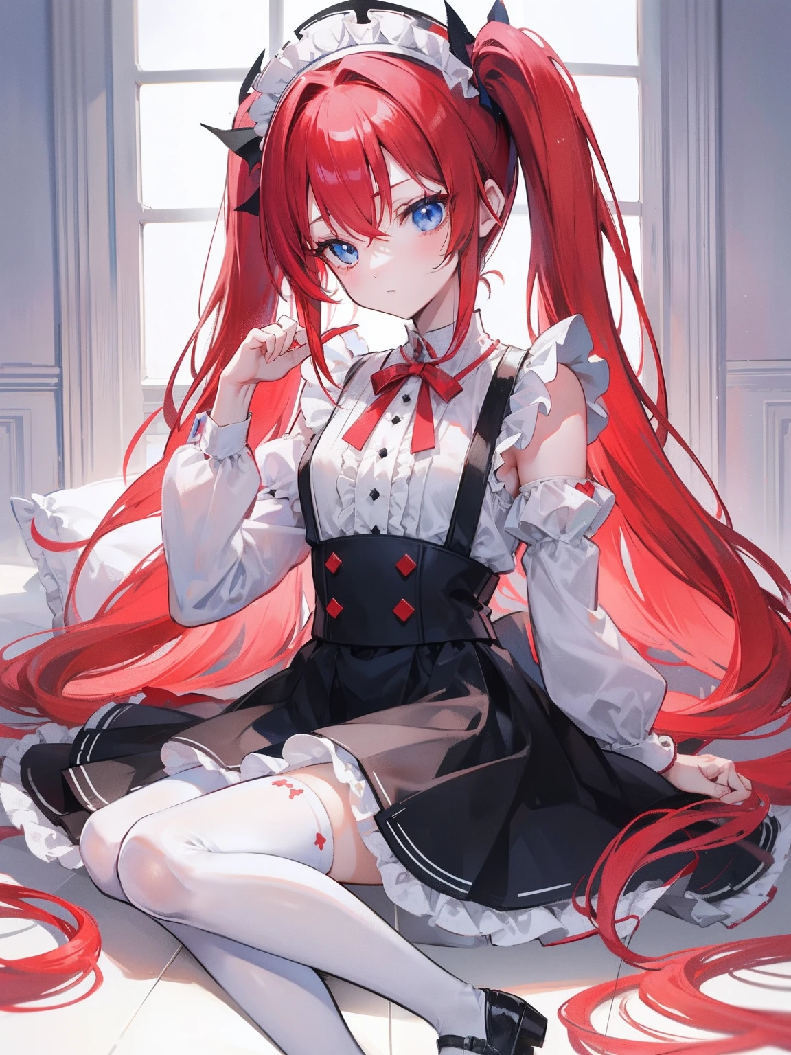 red hair,blue eyes,twintails,maid, long hair, long sleeves, gothic, solo, loli,Short skirt, white stockings,{{best quality}}, {{masterpiece}}, {{ultra-detailed}}, {illustration}, {detailed light}, {an extremely delicate and beautiful},little girl,cute,