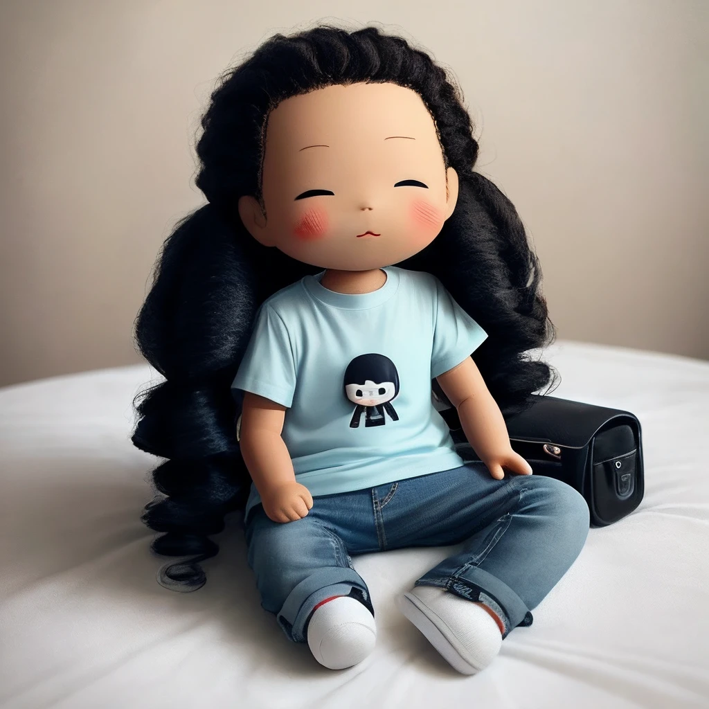 Long Curly Hair Boy Cloth Doll With
Loose Black T-shirt
Light Blue Bag Jeans
Black face mask.
No eyes and no eyebrows.
Cloth