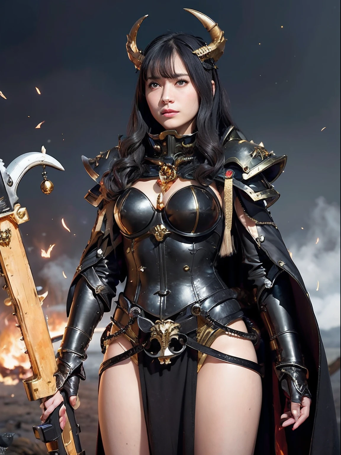 Professional , masterpiece、top-quality、photos realistic , depth of fields 、(A dark-haired) 、(Gemstone White Metal Body:1.9),(Matte Black、Jewel Gold Weapon(Jewel Metal Body:1.4),Gorgeous metal weapons ,Particles of light、(Black wings)、(( Detailed and gorgeous sword of the brave)) ,Light Effects、intense fighting、Wind-effect、magic circles、 (A dark-haired) ,warhammer 40k ,Detail and ornate jewel crown、With the legendary magic wand、Dragon's tail、explosions、((Micro Bikini Armor))、((Gangle's forest background))、Beautiful Caucasian beauty、1a person、dynamic ungle,(((Details of the two demon horns on the head)))、Smaller head、A smile、Background inside the castle、Thin and beautiful female hands、cleavage of the breast、Soldier in iron armor on background、Mystical expression、Light Effects、Wind-effect、With the legendary magic wand、(wingspan)、Toostock、Anatomically correct body、