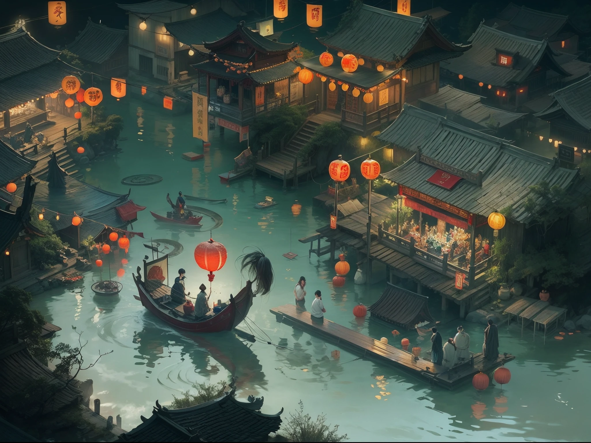 ((The Middle Yuan Festival at night,Ghost Festival,Scary scenes,smooggy)),ancestor worship、Put river lights、