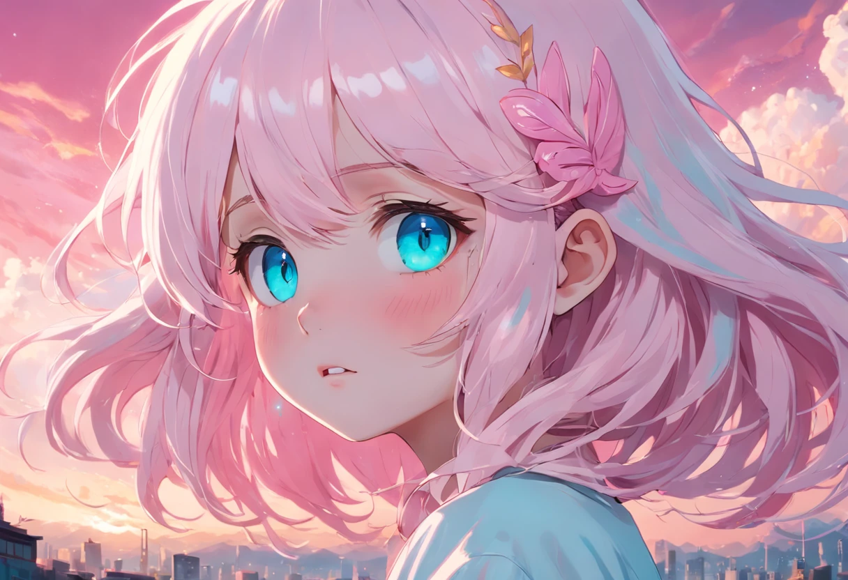 Dreamy pink white hair+Sky blue girl with cyan eyes