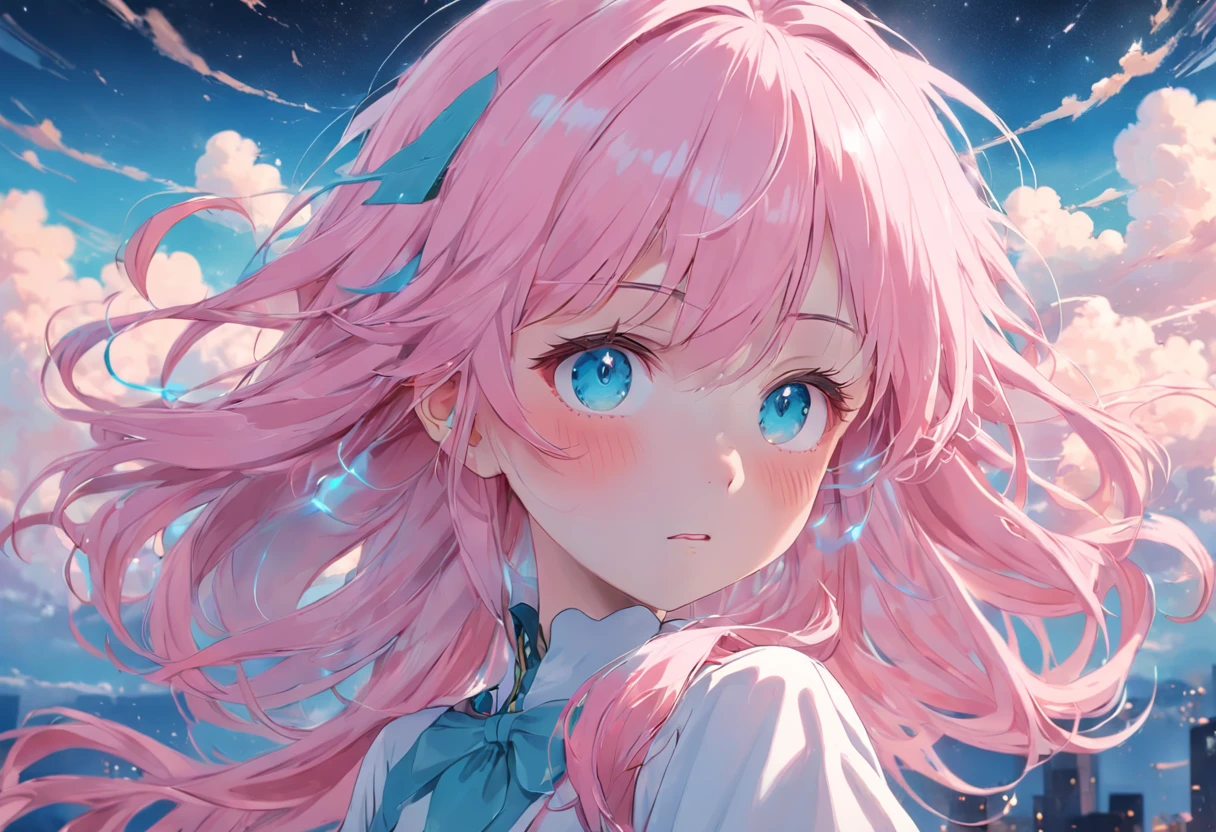 Dreamy pink white hair+Sky blue girl with cyan eyes