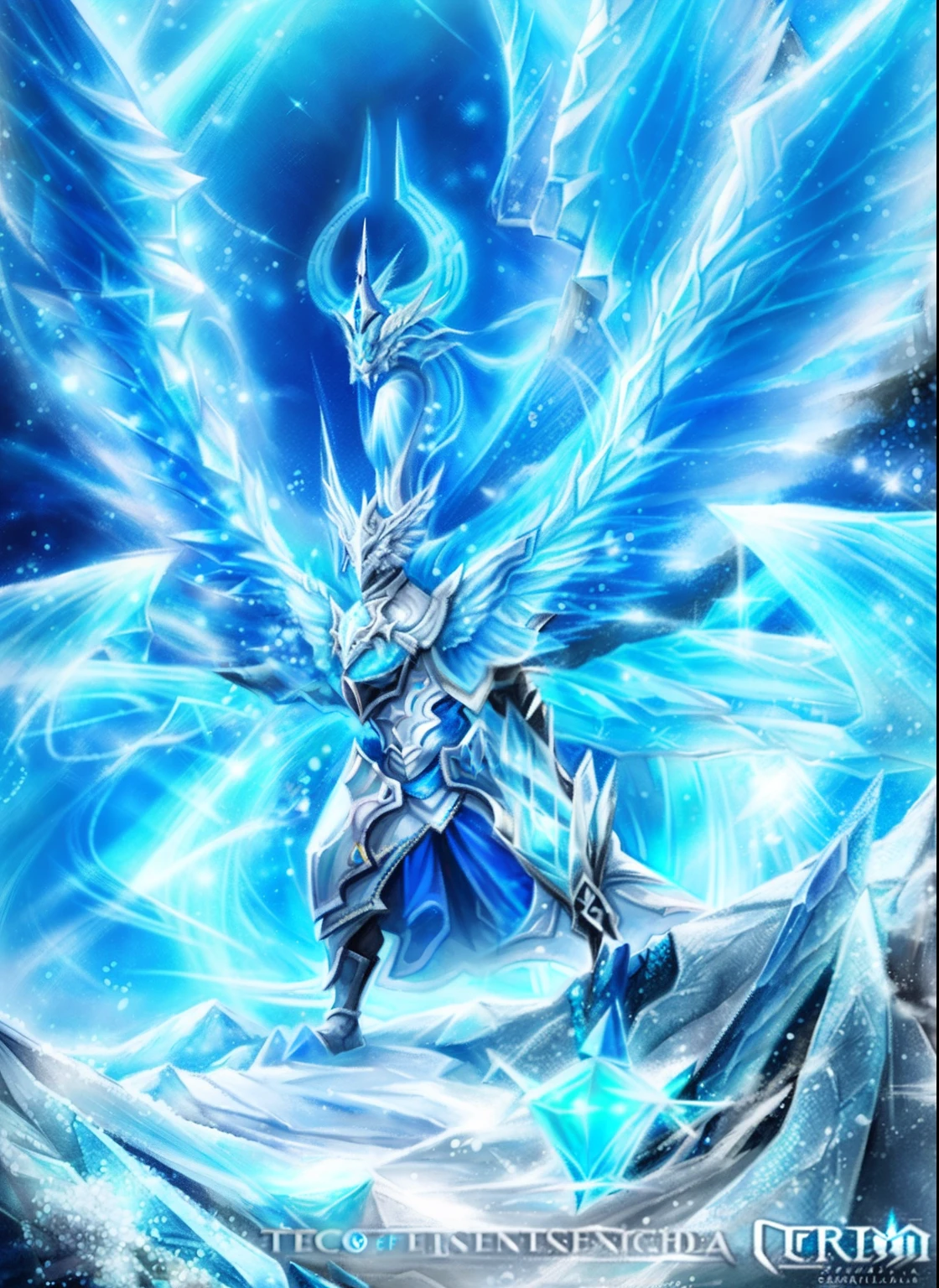 Hay una pintura digital de un hombre con una espada y alas, Lord of Ice, Frost Dragon, blue eyes white dragon, detailed fantasy digital art, Lord of Change, mytical creature, mystical atlantean valkyrie, Crystal Dragon, Guardian of the Sacred Lake, clothed in ethereal armor, Armadura reflejada en el color del hielo de la astilla, Tzeentch, Ser angelical resplandeciente