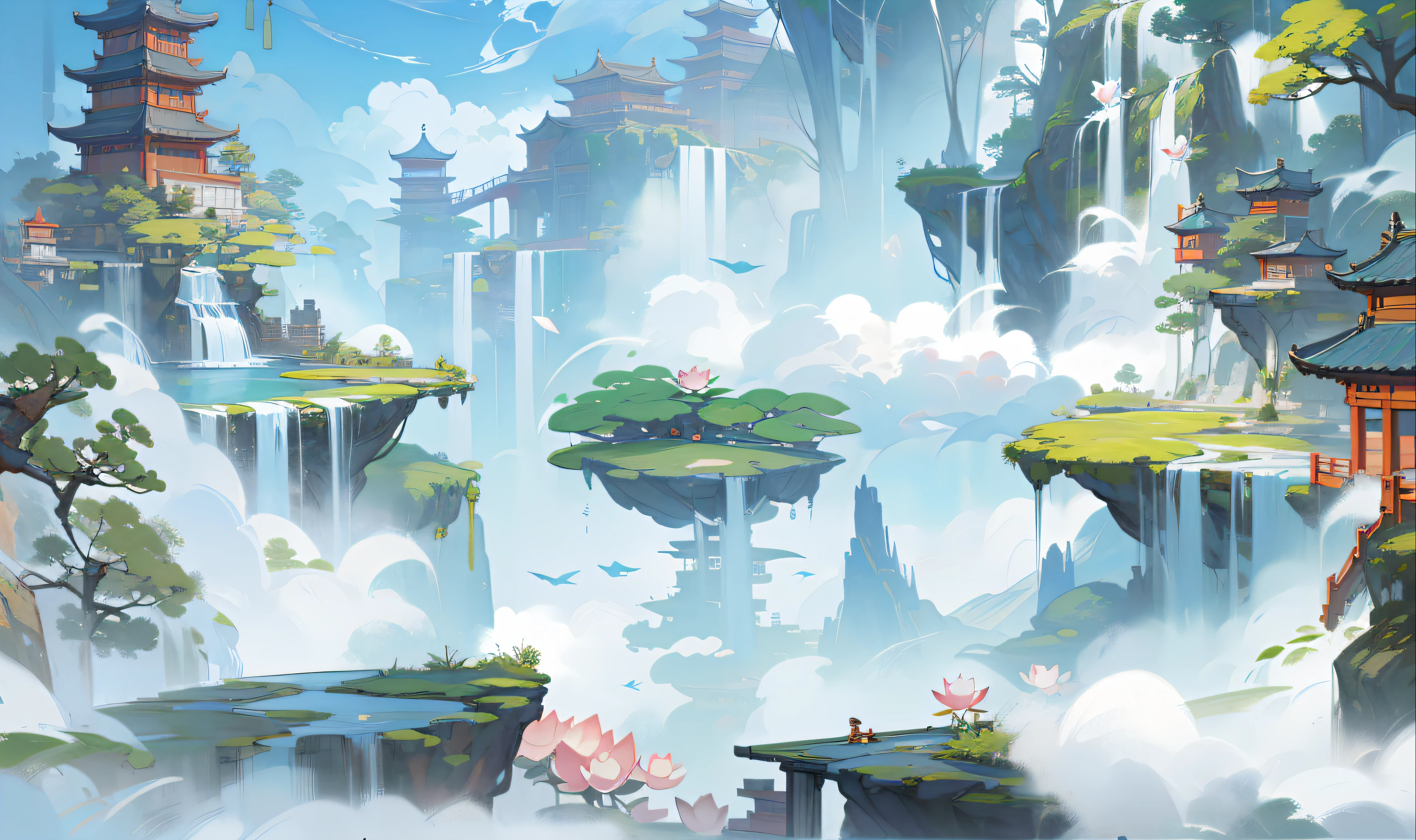 Antique game scene design，big trees，florals，Lotus architecture，Floating table，A blue sky，White cloud，Chinese ink painting high angle angle OC rendering sculpture