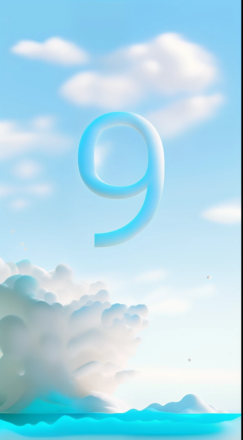 𝓡𝓸𝓶𝓪𝓷𝓽𝓲𝓬,dream magical,3D white and white petals solid number 9 shaped cloud,There is a circle of white wave foam around it,Floating 3D white clouds,Light blue blue sky,lakes,Volumetriclighting,Number 9,9,9,9,9,9