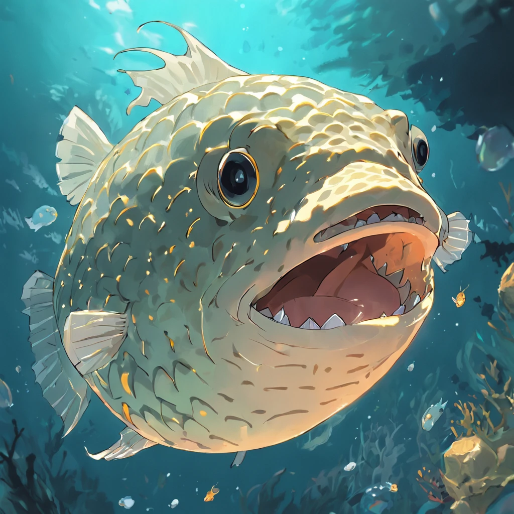 Huge pufferfish Fish with ghostly gold scales, Presas ferozes, and a long pink tongue, master part, best quality