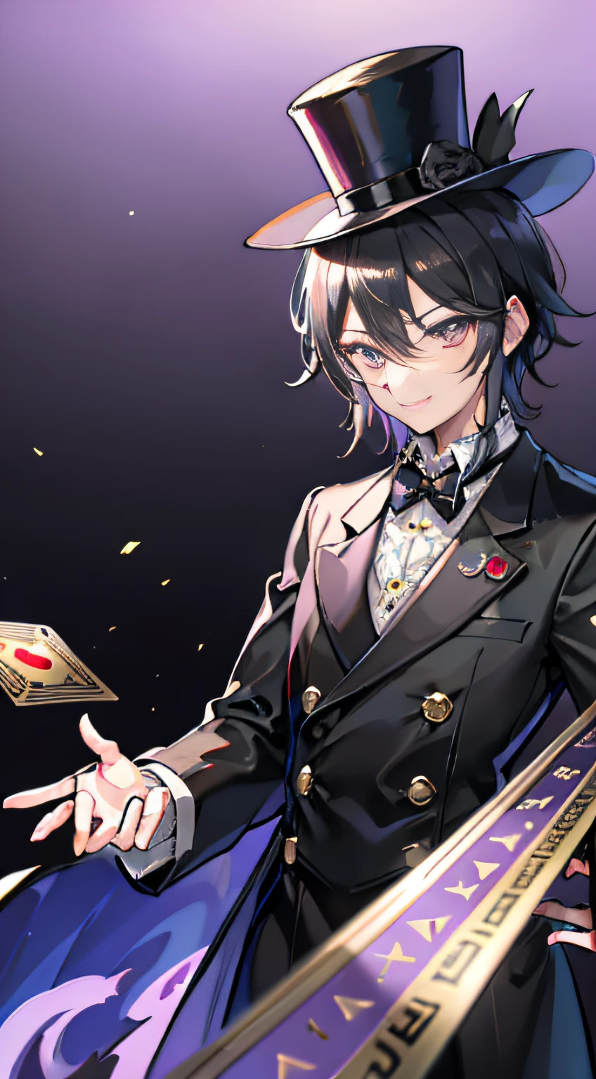 A young man is depicted head-on。He was dressed in a long black coat.、It has a mysterious atmosphere。He has a playing card in his hand.、The playing cards are light and vibrant.。The man's expression is full of concentration.、I have a deep interest in Trump。There is a strange energy floating around him.、Make you feel the power of playing cards with magical effects。The background is drawn simply、Men and Trump are the protagonists。In color illustrations、The male dynamism and mysterious atmosphere are expressed more strongly.。