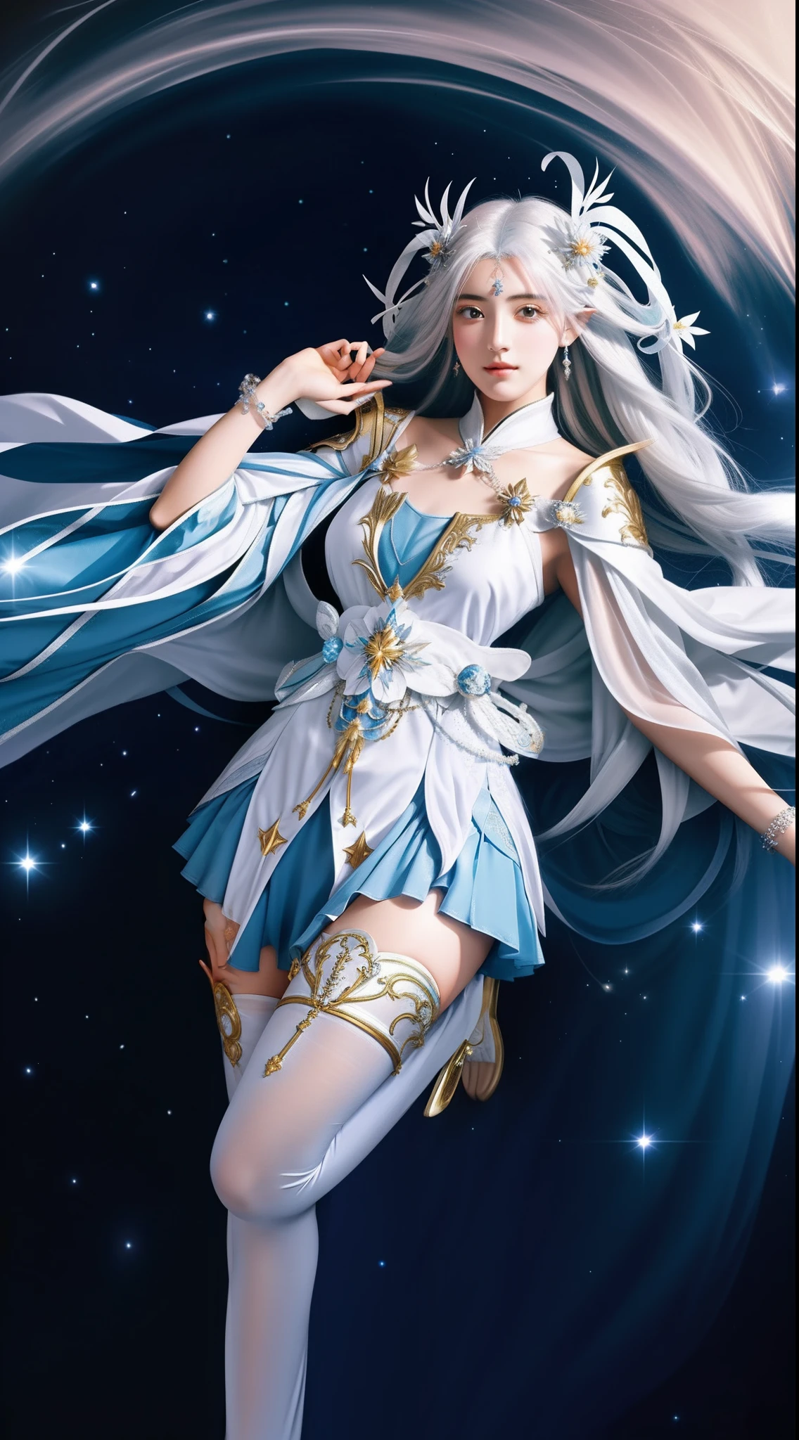 Close-up of a woman in a white dress, Beautiful celestial mage, white-haired god, Portrait Chevaliers du Zodiaque Fille, celestial goddess, Anime goddess, full-body xianxia, heise jinyao, knights of zodiac girl, astral witch clothes, goddess of galaxies, alluring elf princess knight, maya ali as a wind mage, flowing magical robe