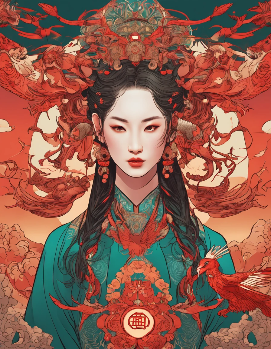 （hoang lap、high high quality、ultra detailed to hand），Four divine beasts phoenix，Similar to Latin goodness，bravery，willful，Productive，The face of enterprising and humanitarianism，sunset reddish hair，TRADITIONAL CHINESE COSTUMES、red color Hanfu，with a volcano in the background，Crystal green eyes（Eyes detailed），Powerful power appearance，Mucha style