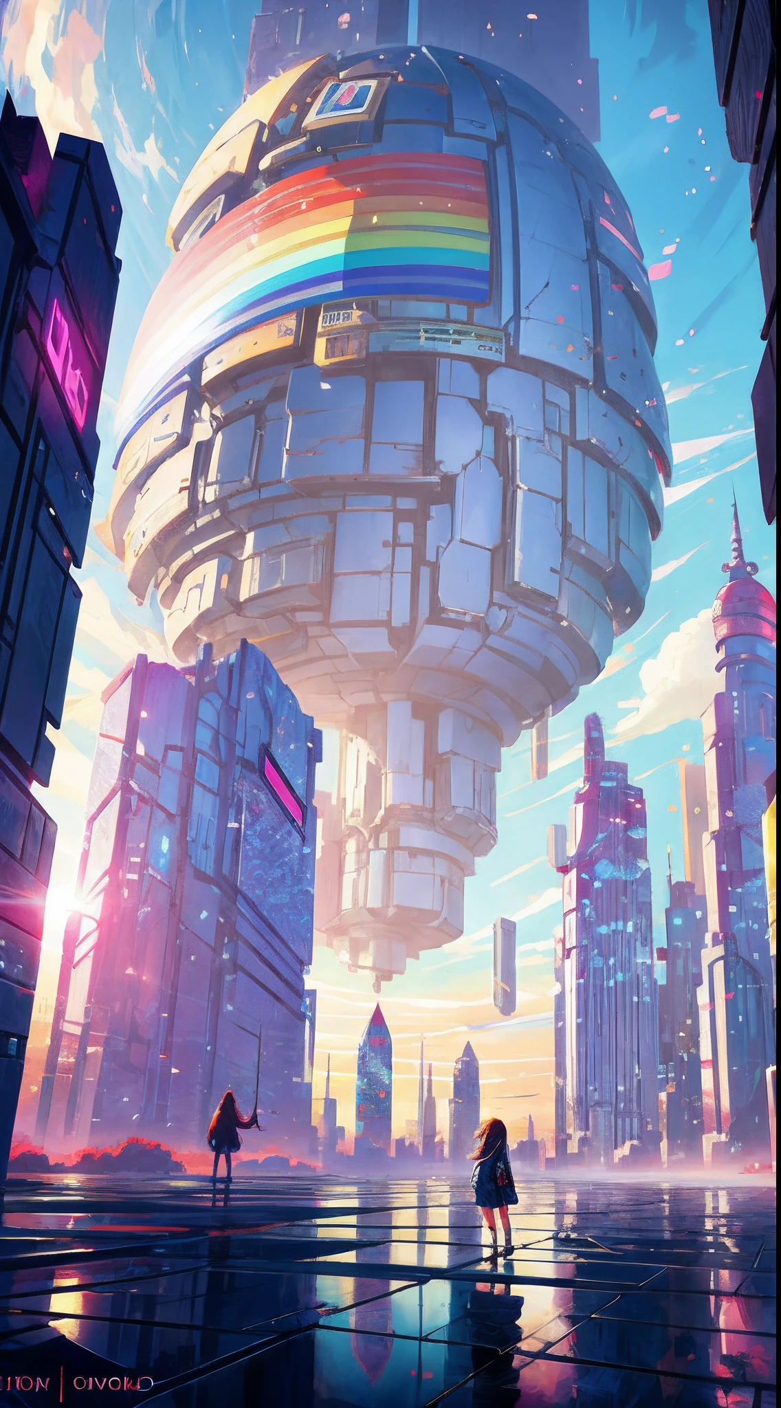 Anime girl standing in big city looking at rainbow sky,Near Future City、 makoto shinkai cyril rolando, anime art wallpaper 4k, anime art wallpaper 4k, Anime art wallpaper 8k, inspired by Cyril Rolando, in the style dan mumford artwork, amazing wallpapers, by Yuumei