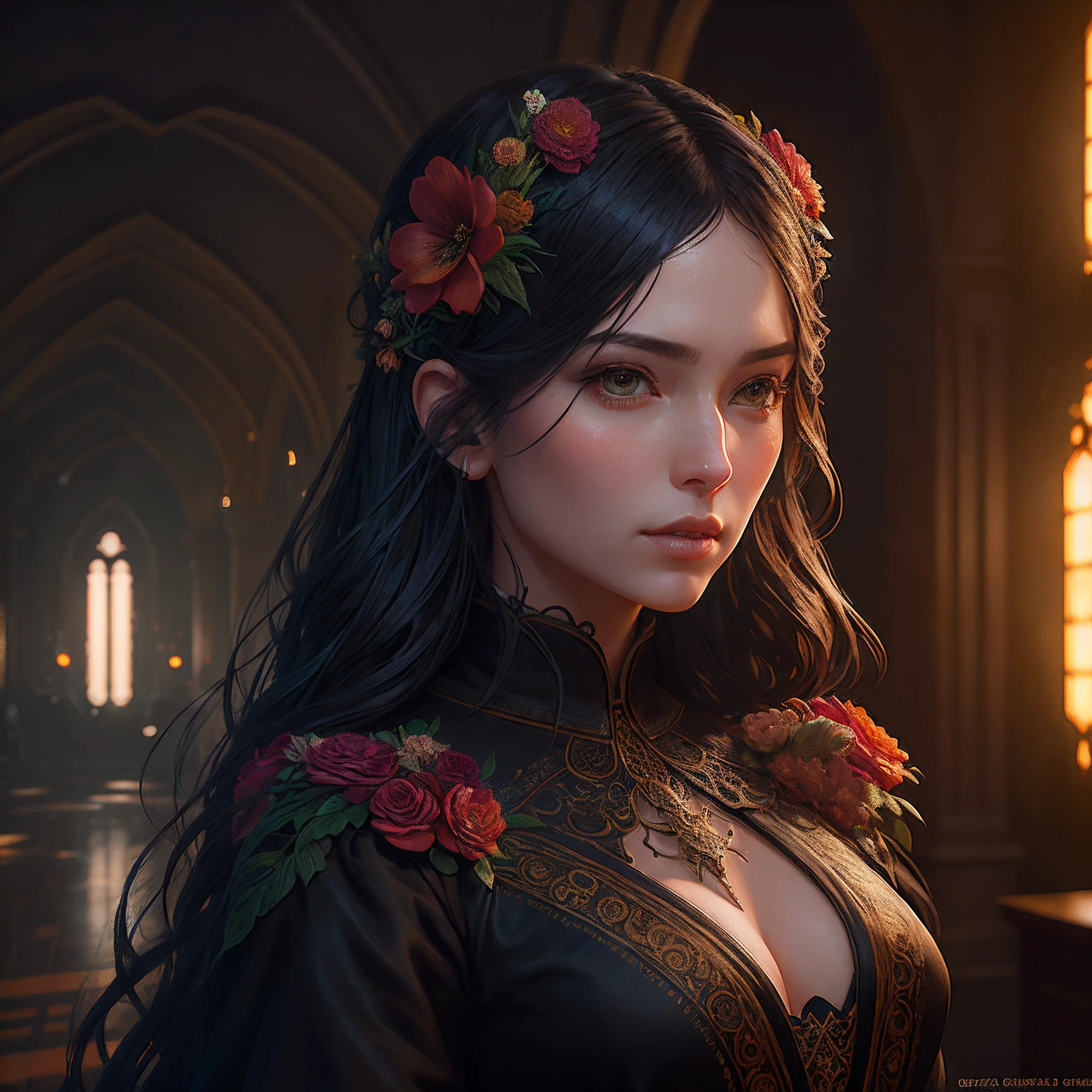 A bunch of flower by Casey Weldon, Olga Kvasha, Miho Hirano, hyperdetailed intricately detailed gothic art trending on Artstation triadic colors Unreal Engine 5 detailed matte painting, deep color, fantastical, intricate detail, splash screen, complementary colors, fantasy concept art, 8k resolution, gothic deviantart masterpiece, (dark shot:0.9), art by greg rutkowski and artgerm, soft cinematic light, adobe lightroom, photolab, hdr, intricate, highly detailed, no human