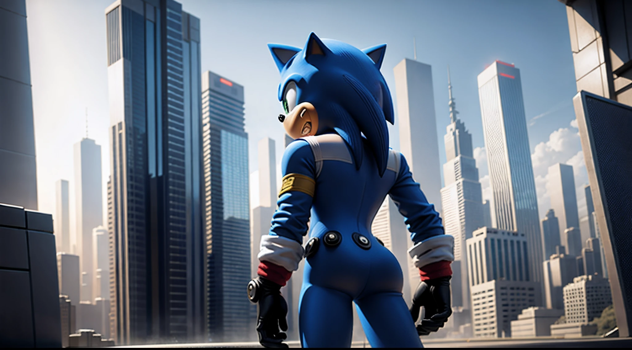 Sonic in a futuristic city, detailed, Military shirt, male