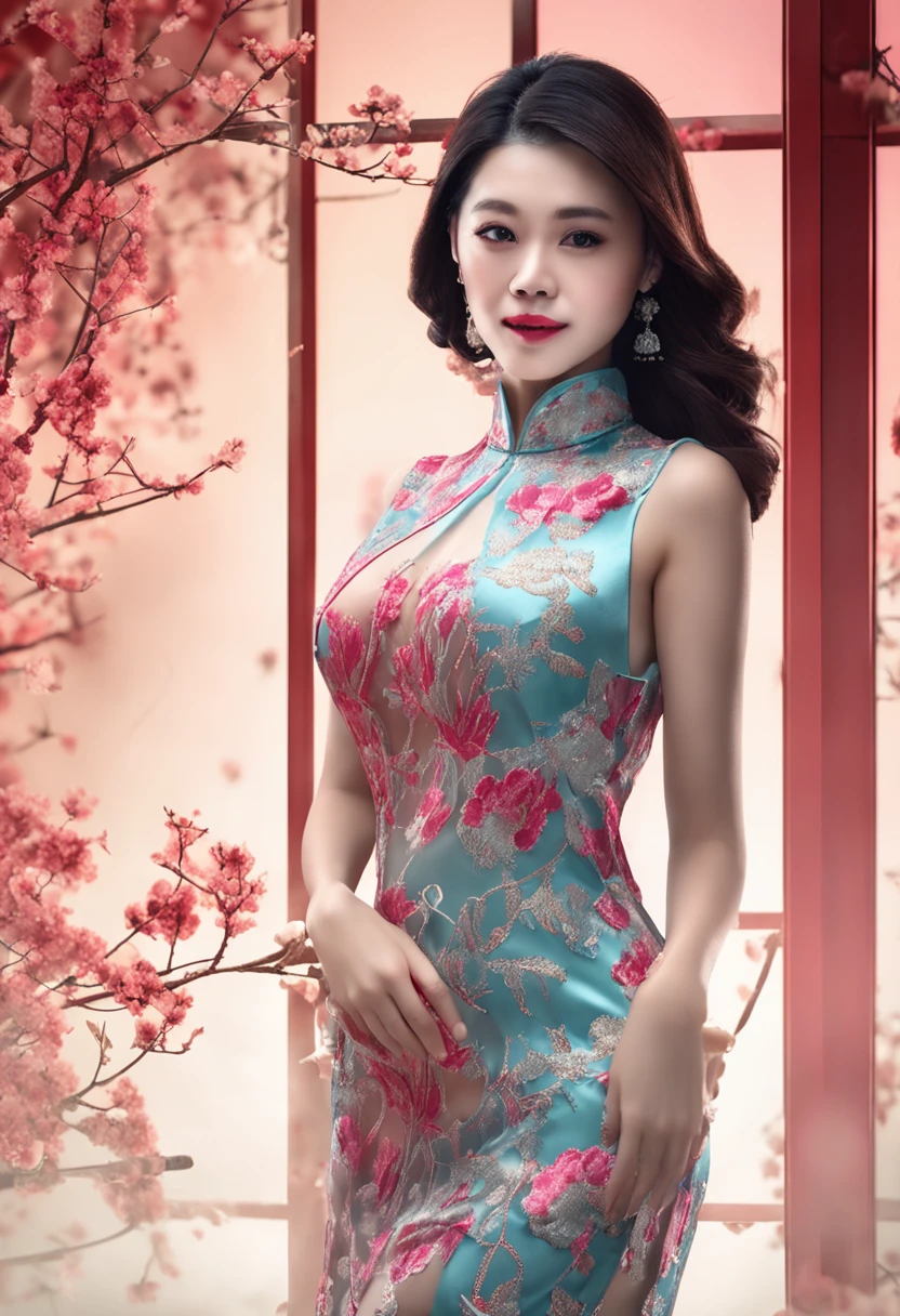 Superb image quality,8K material,Sexy woman,Full body photo,Peerless looks,Chinese face,Wearing a transparent silk cheongsam,Sheer high-slit cheongsam,Crystal sexy heels,simplebackground,Perfect curves and lines,perfect bodies,9 head body,perfectly proportions,The subject of the picture is sexy,The kinky is exposed,Transparent theme,The and can be seen