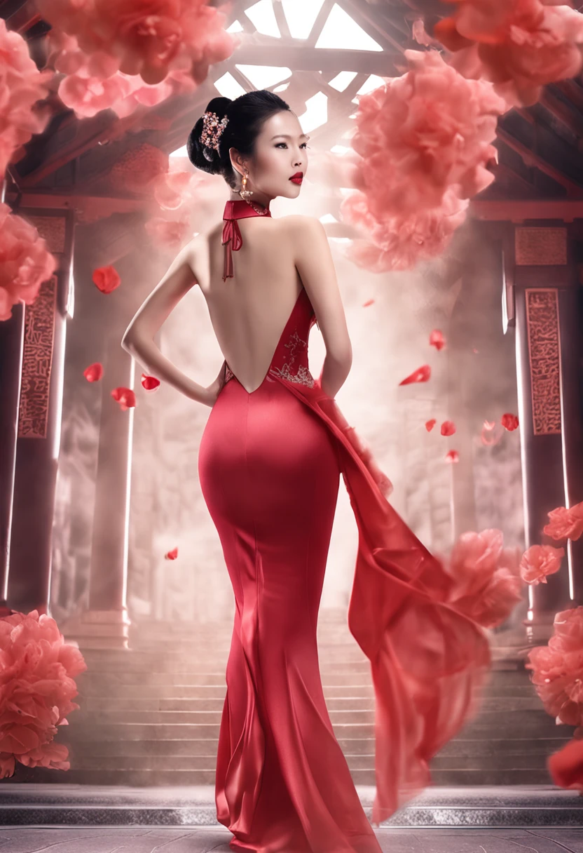Superb image quality，8K material，Sexy woman，Full body photo，Peerless looks，Chinese face，Wearing a transparent silk cheongsam，Sheer high-slit cheongsam，Crystal sexy heels，simplebackground，Perfect curves and lines，perfect bodies，9 head body，perfectly proportions，The subject of the picture is sexy，The kinky is exposed，Transparent theme，The  and  can be seen
