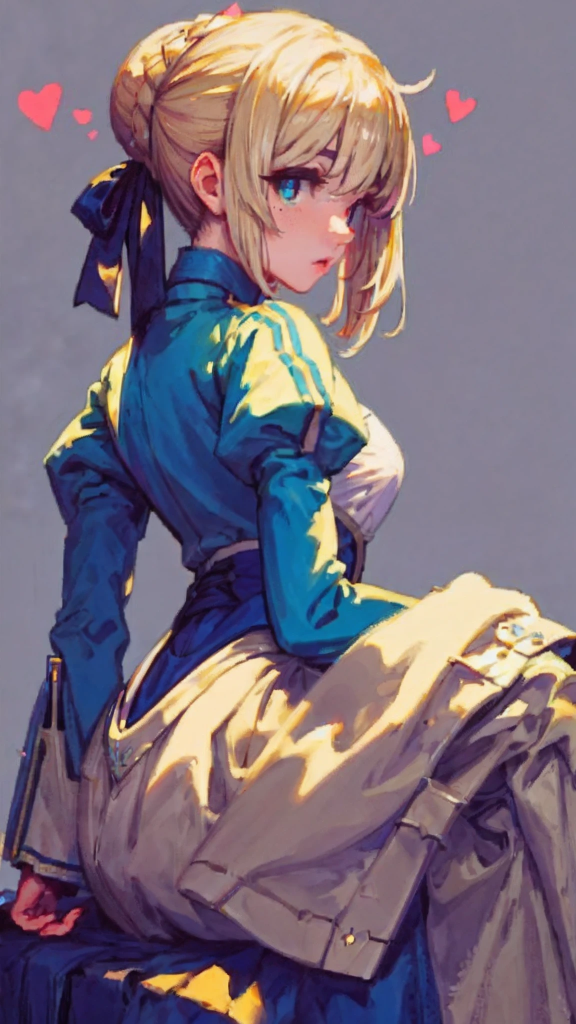 saber,Plain white background,Armor,long skirt,Sitting down,Back view,High detail,Moles under eyes, Heart-shaped pupils,Love pupils,Fleshy thighs,highly rendered,detailed face with