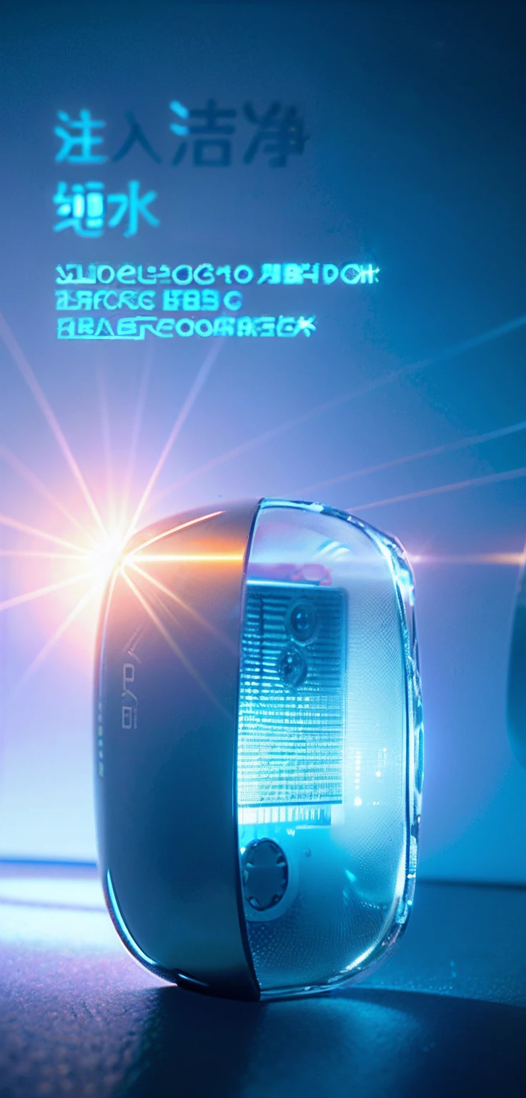 There is a picture of the device with a remote control, Wang Chen, bottom - view, with backlight, backlight body, smooth technology, product - view, Ultra-detailed, ultra - detailed, Detailed picture, super high detail picture, High quality], stunning high tech, Strong backlight, uv, closeup - view, qiangshu，sense of science and technology，piercingeyes，Light blue background，Vray rendering，Hyper-realistic rendering，future-tech，The device is made of translucent material，Extremely cool