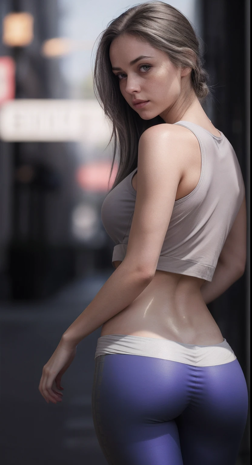 8K, Masterpiece, RAW photo, Best quality, Photorealistic, Extremely detailed Cg Unity 8K wallpaper, Cinematic light, Lens flare, Ray tracing, (Extremely beautiful face, Beautiful lips, Beautiful eyes), intricate detail face, ((ultra detailed skin)) 1girll, (The background is blurred out), (No one is in the background), (Pale skin), Face forward, (Big eyes), ((low rise grey leggins ), ((low waist grey leggins)),((dimples of back showing)), (back showing), (pony tails) ,Plump breasts, Very slim, round butt,Woman in grey low rise leggins standing on yellow floor, Thin waist, photo of slim girl model, Slim waist, Young sexy elegance, Thin body, Slim, Slender waist, side pose, Back - View, fit dainty figure, Petite body, posterior view, soft light from the side