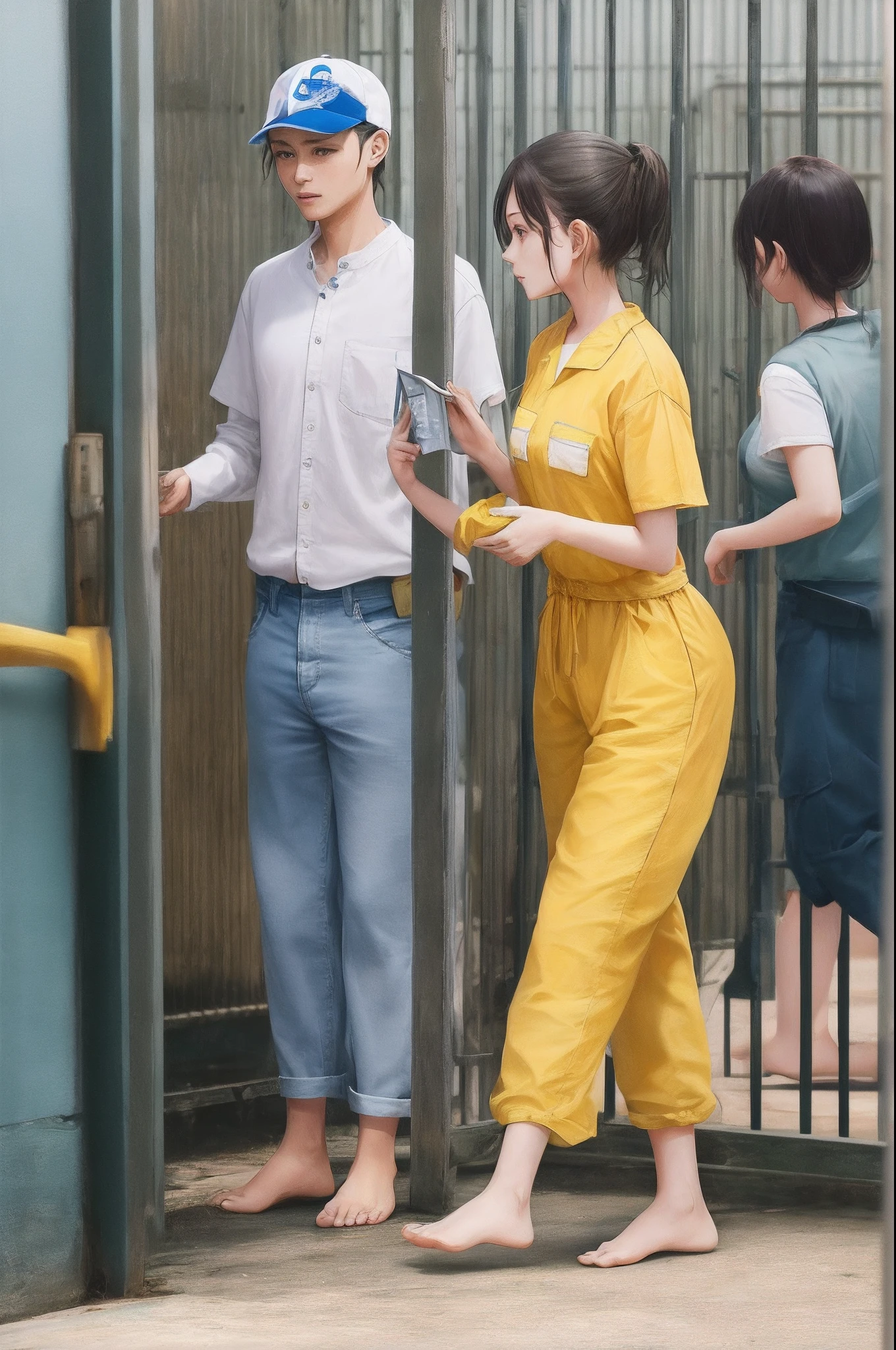 Cute girl in yellow prison uniform barefoot，without wearing shoes，Carry out labor reform，Female prisoners，behind bars，Yellow prison uniform