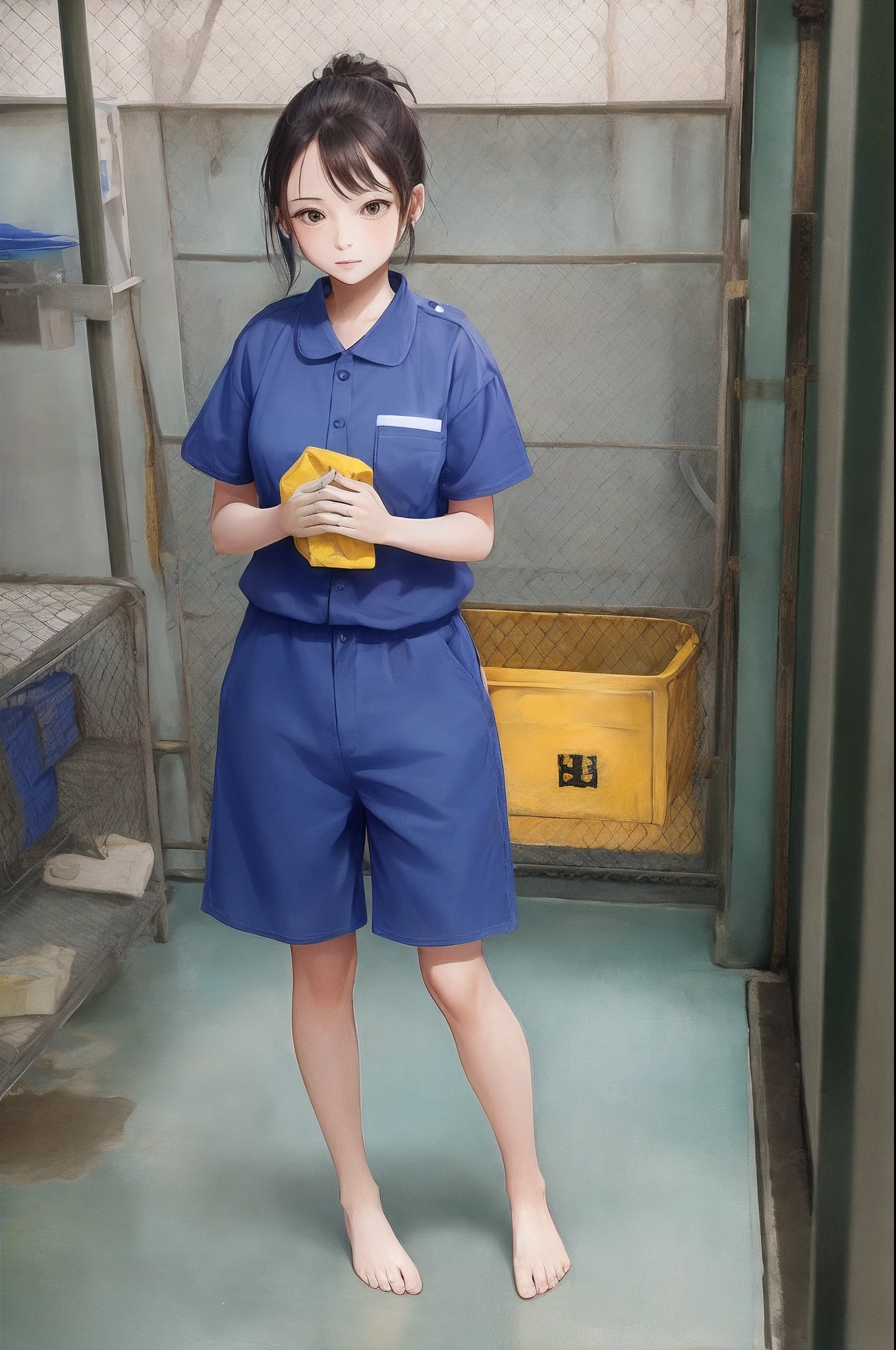 Cute girl in yellow prison uniform barefoot，without wearing shoes，Carry out labor reform，Female prisoners，behind bars，Yellow prison uniform