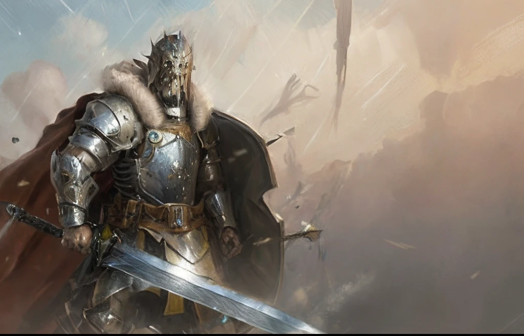 Draw a man in armor holding a sword and shield,  guildwar artwork,Oil painting quality，world of warcraft，Greg Rutkowski style， painting of a knight, epic graphic novel wallpaper, berserk style, holy crusader medieval, medieval fantasy game art,ares with heavy armor and sword, holy crusader medieval knight