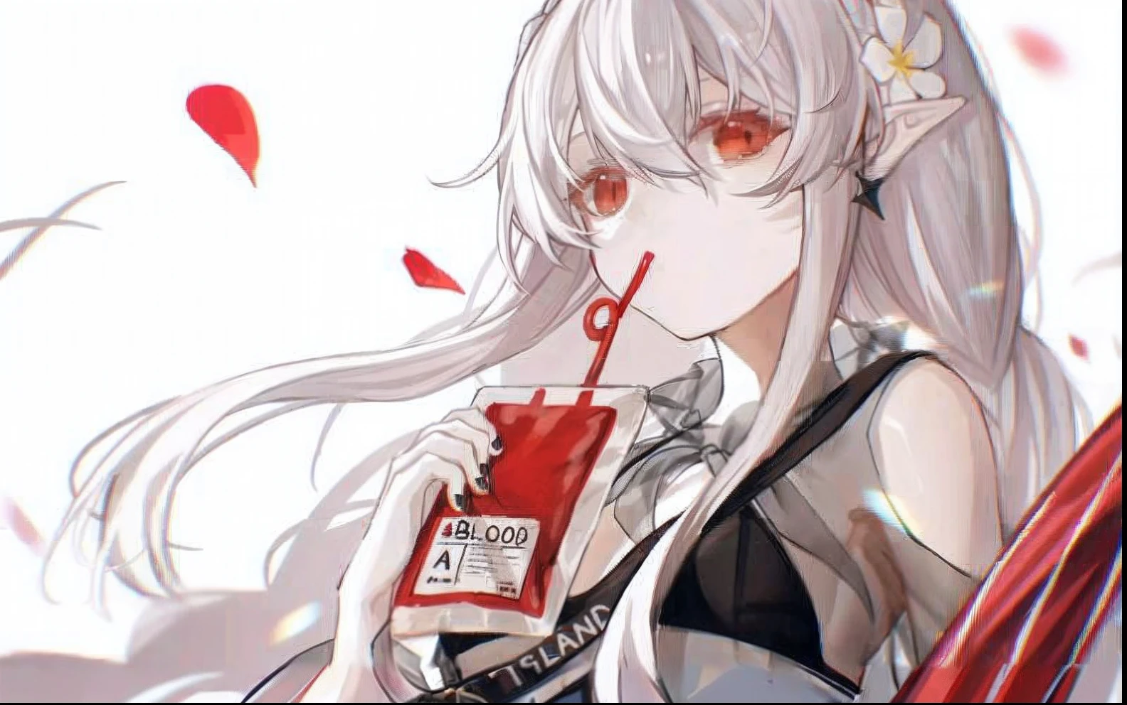 Anime girl with long white hair drinking drink in a red cup, anime girls drink Energy drink, from girls frontline, white-haired god, white haired Cangcang, Kantai collection style, girls frontline style, Girl with white hair, gapmoe yandere, clean and meticulous anime art, White-haired, From Arknights, Perfect white haired girl, anime visual of a cute girl