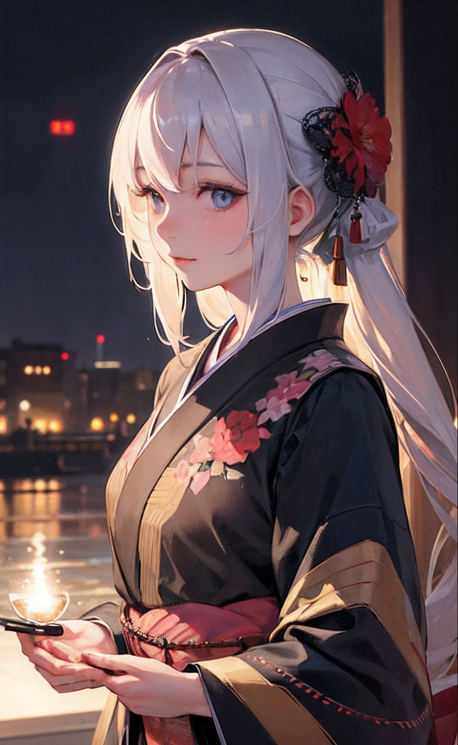 (masterpiece, sidelighting, finely detailed beautiful eyes: 1.2), masterpiece*portrait, realistic, 3d face, glowing eyes, shiny hair, lustrous skin, solo, looking at viewer, upper body, kimono,