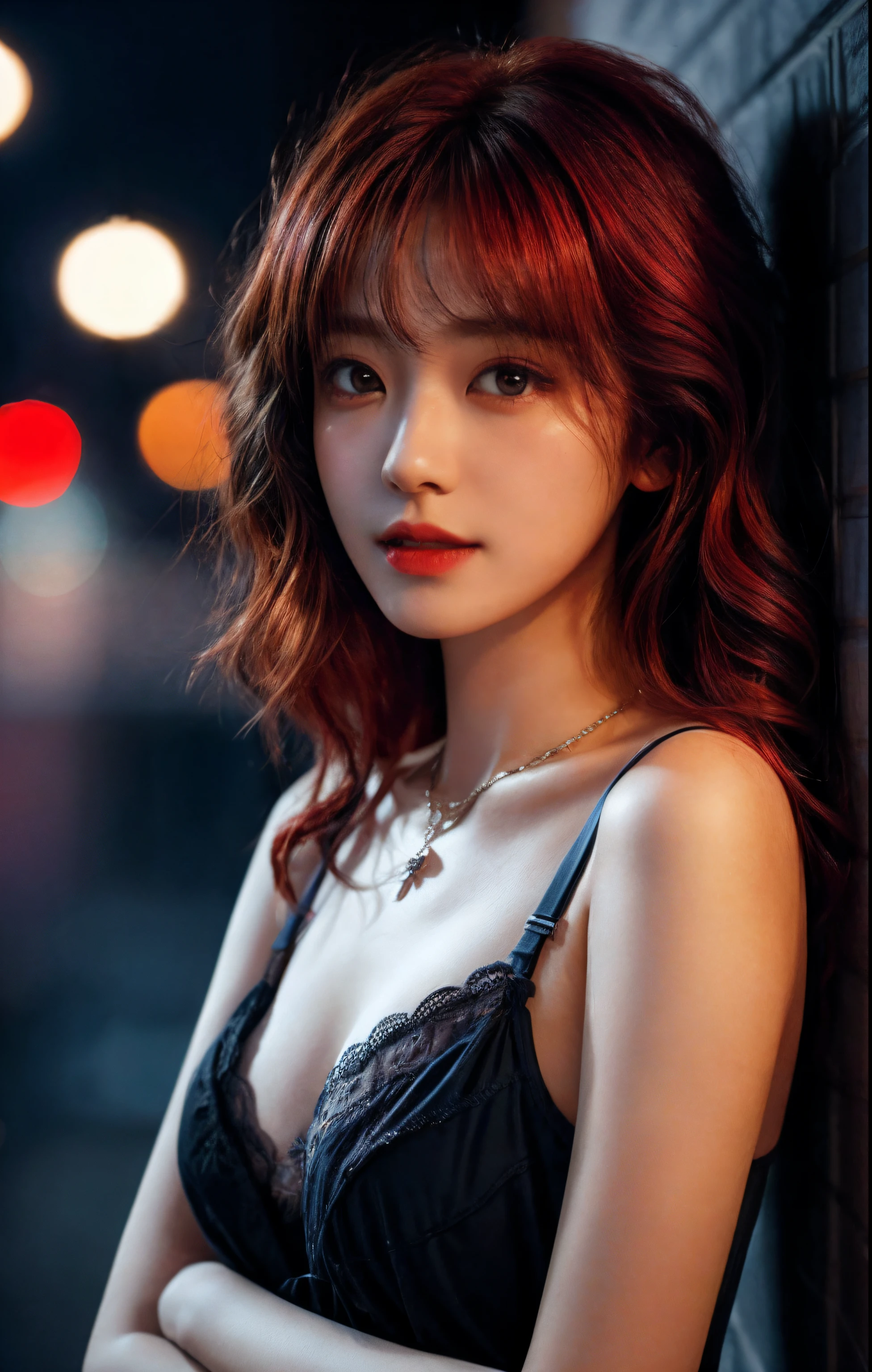 Best quality, Masterpiece, High_Nothing, 1girll, hair adornments, necklace, jewelry, Beautiful face, Tyndall effect, photograph realistic, rim lit, twotonelighting, (highdetailskin:1.2), 8K UHD, Digital SLR, Soft lighting, High quality, voluminetric lighting, candid, photographed, high resolution, 4K, 8K, Bokeh, Medium breasts, lingerie pijamas, Nippur, absurderes, shirt, wavy and long hair, hair on shoulders, short fang, red hair color
