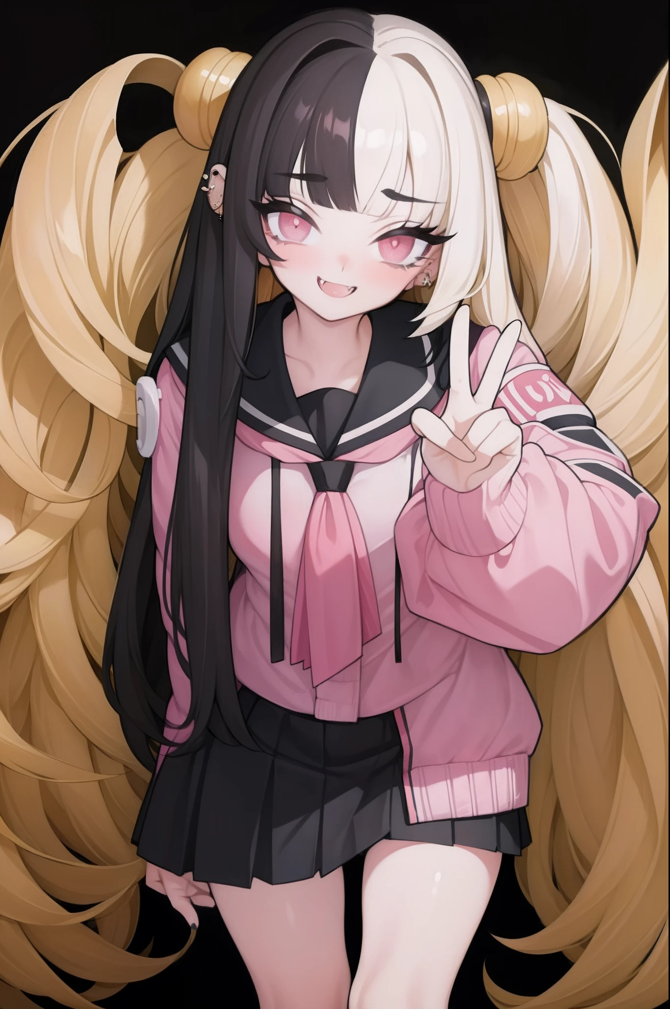 masterpiece, 1 gal, black hair streaked blonde, long curly hair, blunt bangs, hime cut, grin mouth, slanted pink eyes, Detailed eye drawing, tongue, fangs, school uniform, short skirt, Spiteful smile, lots of piercings, peace sign, long slouchy socks, white theme,