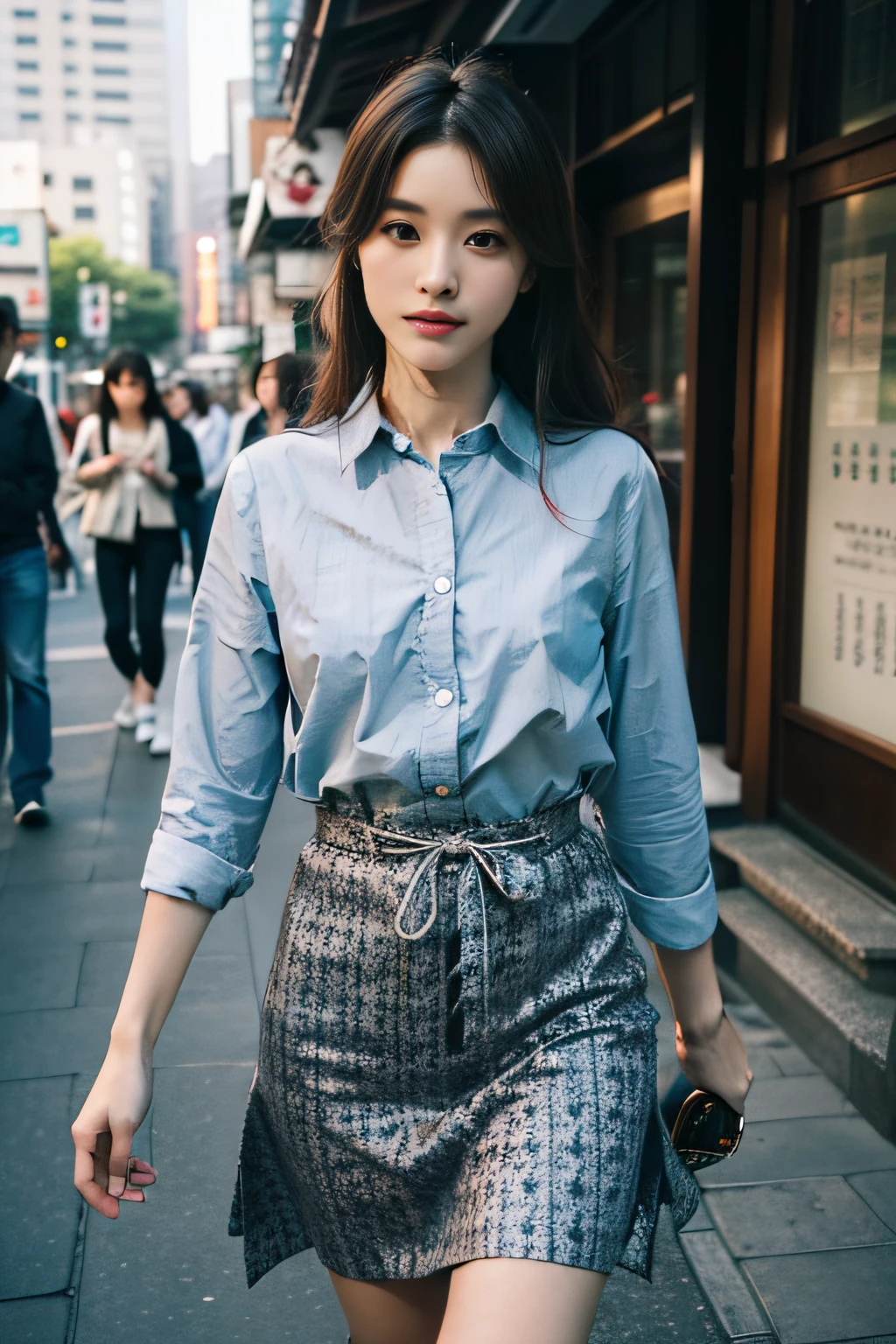 High quality、masutepiece、超A high resolution、(Photorealistic:1.4)、Hakata Beauty、japanes、Clothes with fancy patterns、colorfull dress、skirt by the、(Thin eyebrows:0.2)、(thin lipss:0.8)、(small nose:0.8)、Appearance without makeup、Walk、cowboy shot、(the perfect body:1.2)、(small nipple:0.7)、Scenery of Hakata、Streets of Hakata、By Michelangelo、ulzzang -6500-v1.1