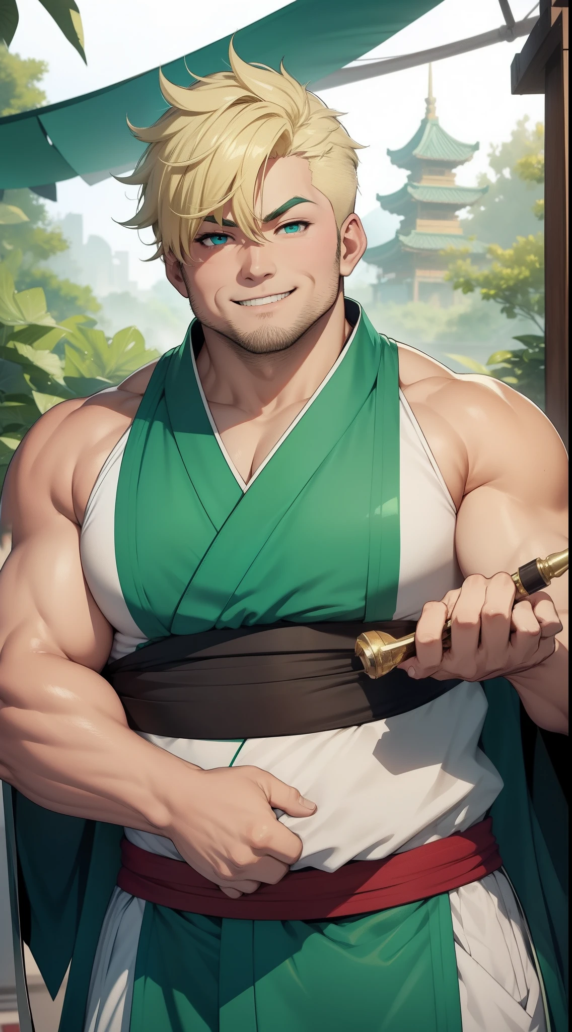 Adult Fat Man, short blonde hair, Cyan eyes, Green Hanfu sleeveless, Drunken Master, Smile, Masterpiece, hiquality