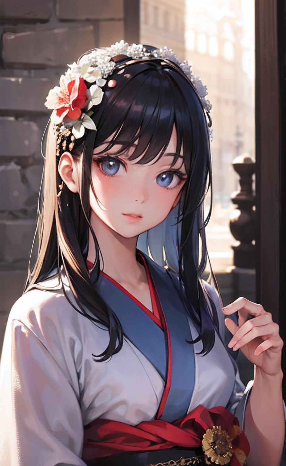 (masterpiece, sidelighting, finely detailed beautiful eyes: 1.2), masterpiece*portrait, realistic, 3d face, glowing eyes, shiny hair, lustrous skin, solo, looking at viewer, upper body, kimono,