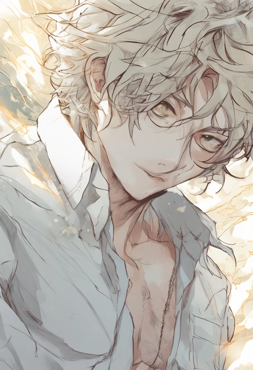 Anime - style drawing of boy with blonde hair and white shirt, soft light misty yoshitaka amano, Soft anime illustration, inspired by amano, kaworu nagisa, made with anime painter studio, Loli, [[[[grinning evily]]]], dreamy psychedelic anime, nagito komaeda, fubuki,( reasonable design, Clear lines, High sharpness,Best quality, Very detailed, Masterpiece, movie light effect, 4K )