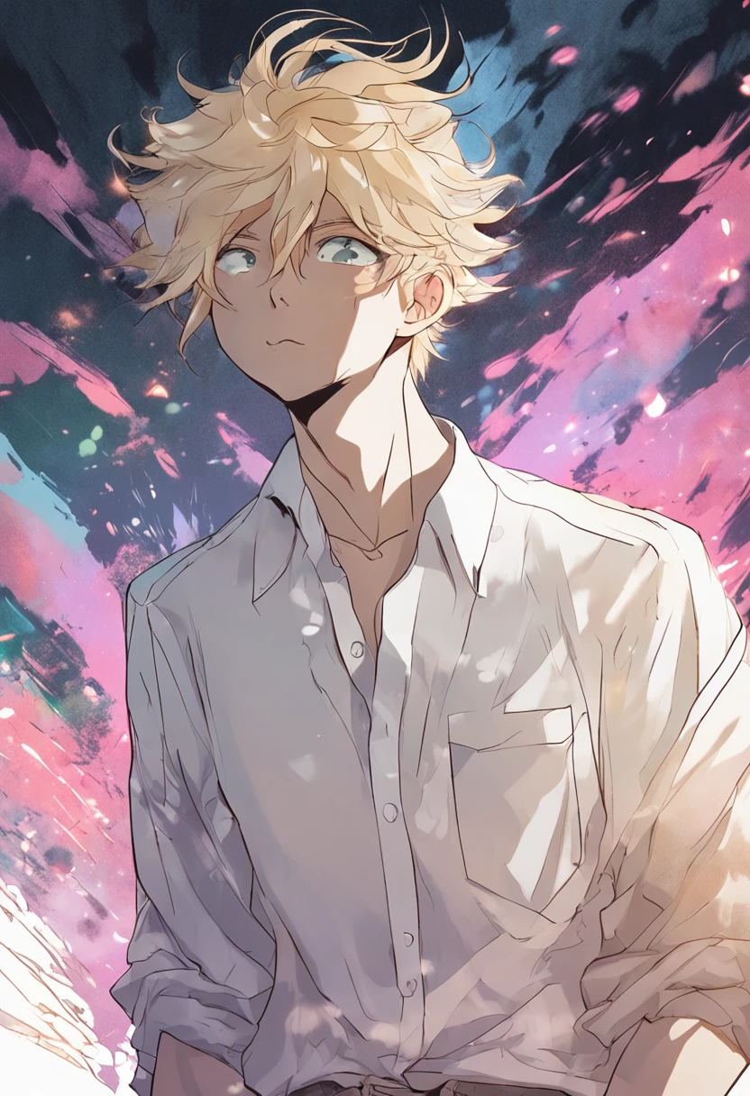 Anime - style drawing of boy with blonde hair and white shirt, soft light misty yoshitaka amano, Soft anime illustration, inspired by amano, kaworu nagisa, made with anime painter studio, Loli, [[[[grinning evily]]]], dreamy psychedelic anime, nagito komaeda, fubuki,( reasonable design, Clear lines, High sharpness,Best quality, Very detailed, Masterpiece, movie light effect, 4K )