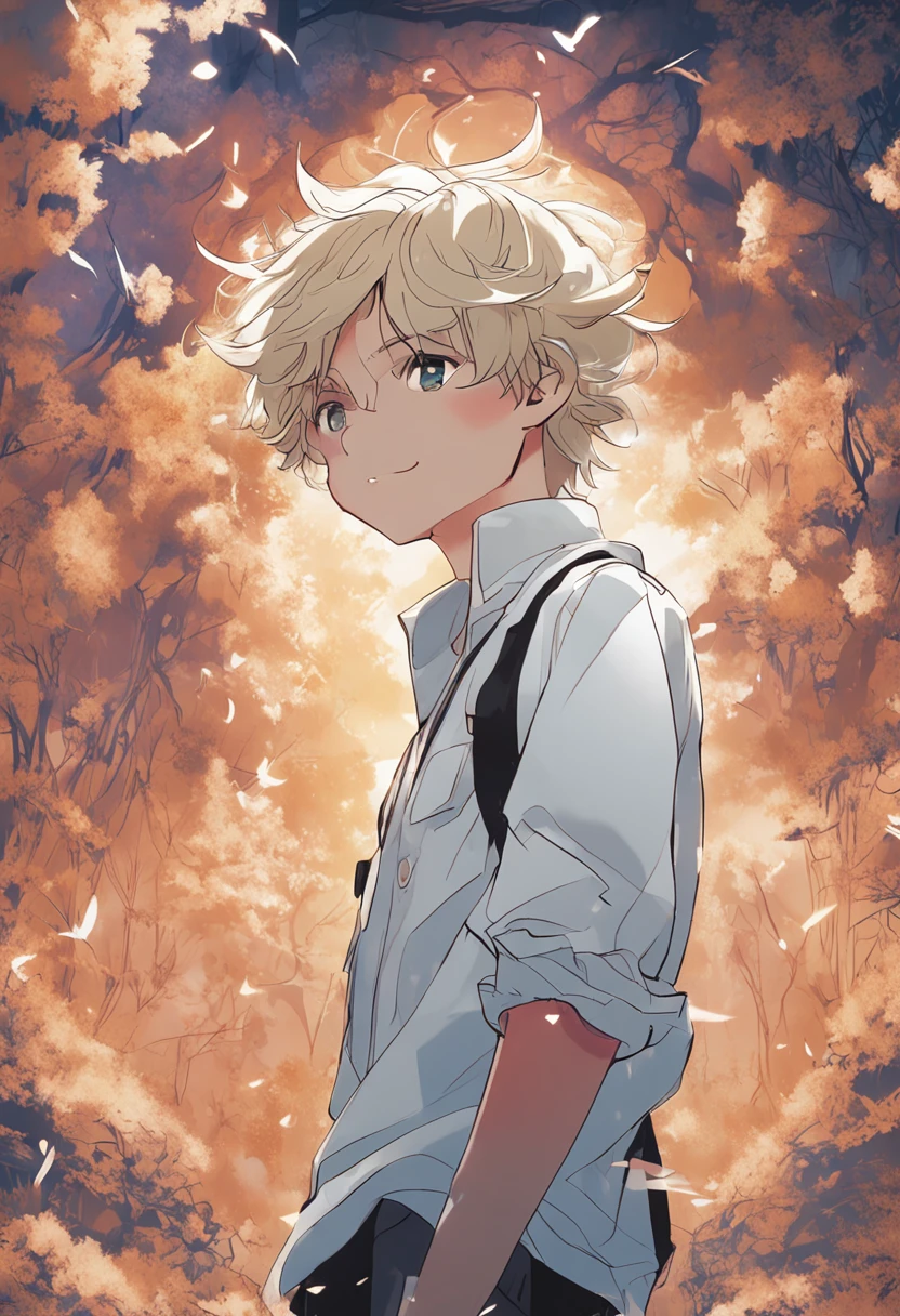 Anime - style drawing of boy with blonde hair and white shirt, soft light misty yoshitaka amano, Soft anime illustration, inspired by amano, kaworu nagisa, made with anime painter studio, Loli, [[[[grinning evily]]]], dreamy psychedelic anime, nagito komaeda, fubuki,( reasonable design, Clear lines, High sharpness,Best quality, Very detailed, Masterpiece, movie light effect, 4K )
