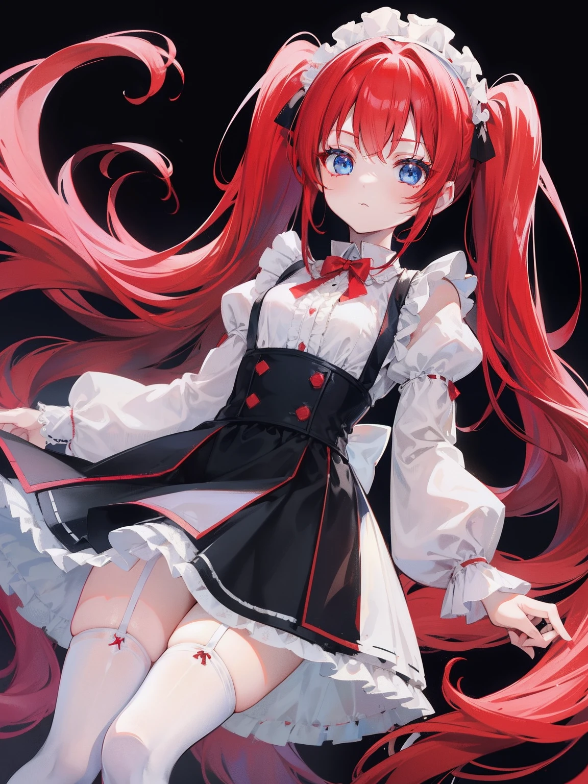 red hair,blue eyes,twintails,maid, long hair, long sleeves, gothic, solo, loli,Short skirt, white stockings,{{best quality}}, {{masterpiece}}, {{ultra-detailed}}, {illustration}, {detailed light}, {an extremely delicate and beautiful},little girl,cute,