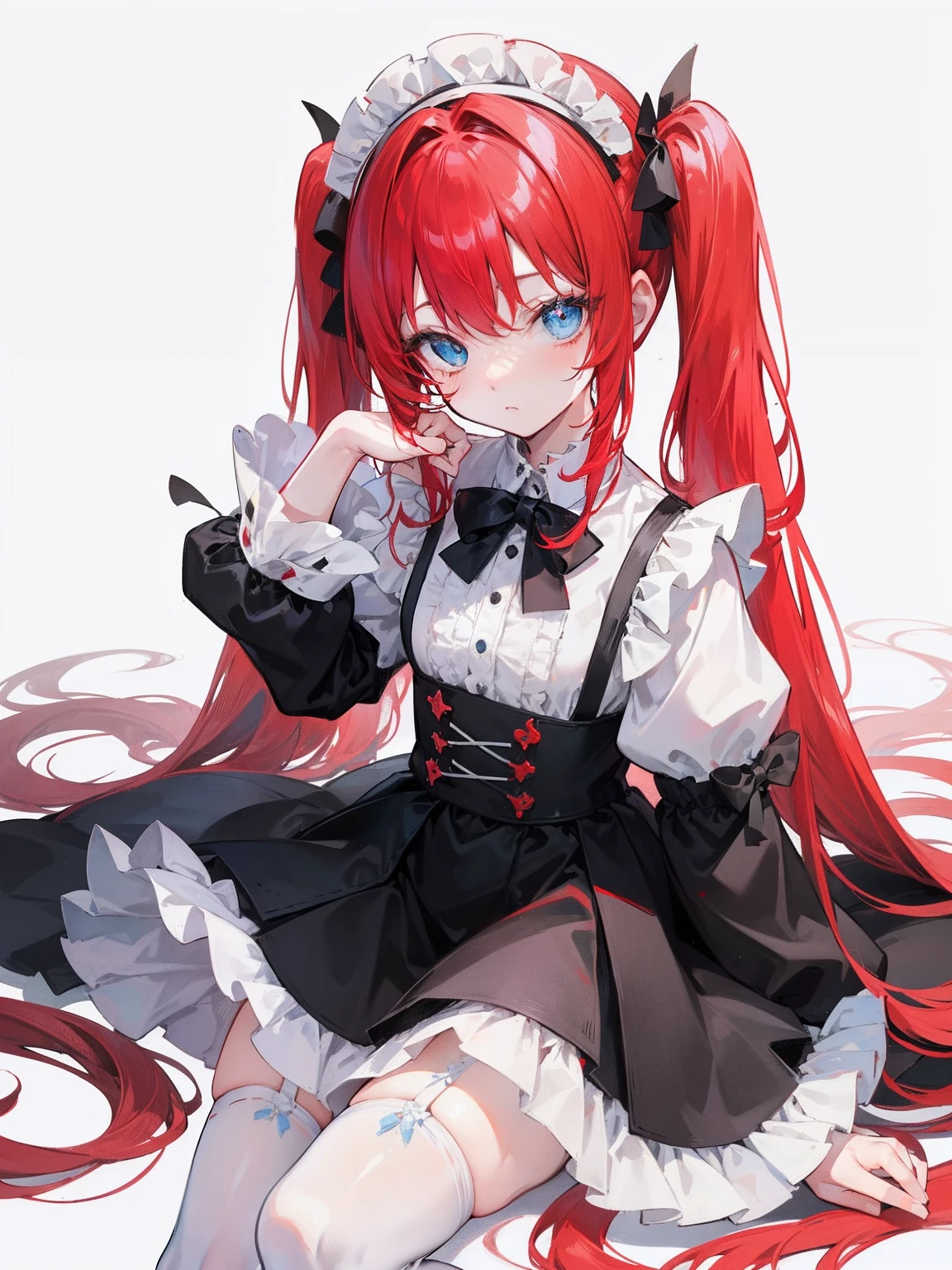 red hair,blue eyes,twintails,maid, long hair, long sleeves, gothic, solo, loli,Short skirt, white stockings,{{best quality}}, {{masterpiece}}, {{ultra-detailed}}, {illustration}, {detailed light}, {an extremely delicate and beautiful},little girl,cute,