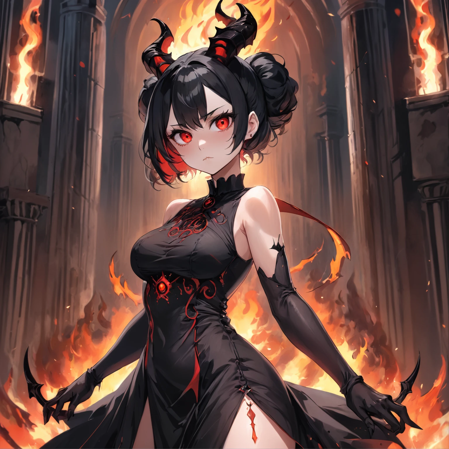 1 girl, demon girl, solo, black hair, short straight hair, gloves, bun updo, side bangs, long horns, ultra detailed red and black eyes, slit_pupils, very large breasts, gothic dress,ultra detailed sleeveless gothic dress, light gothic dress, skirtless gothic dress, glowing flames surrounding the girl, inner room of the cathedral is on fire, exuding flames from eyes, dim lighting, warm colours, hat with veil, beautiful pose, serious expression, leaning over