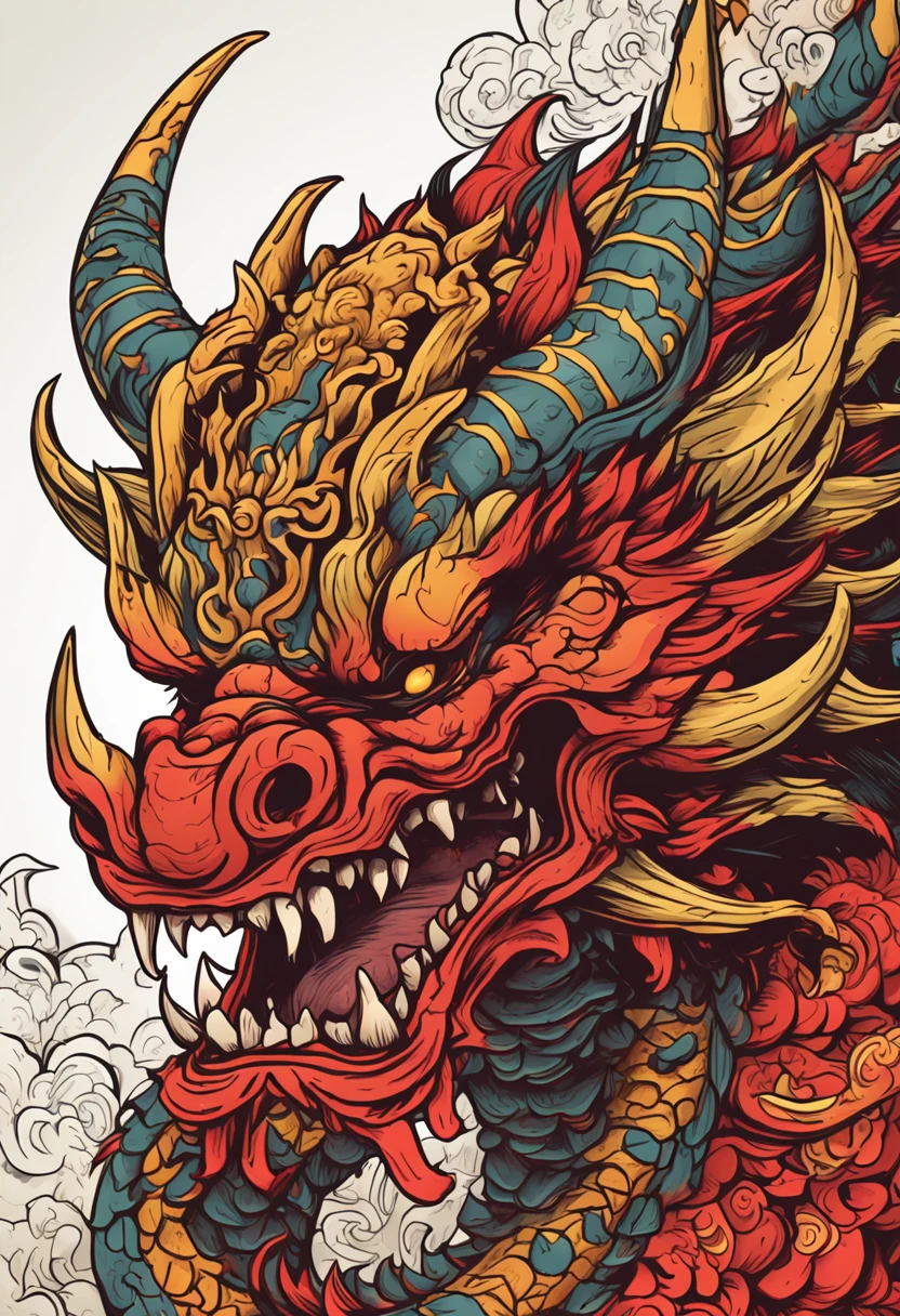 A cartoon dragon with a red ball in its mouth, psychedelic laughing demon, oni mask, Dragon face, asura from chinese myth, ancient china art style, demon samurai mask, yellow dragon head festival, detailed digital illustration, super detailed color art, Oriental face, colored illustration for tattoo, Japanese art style, Chinese Dragon, majestic japanese dragon, hyper detail illustration