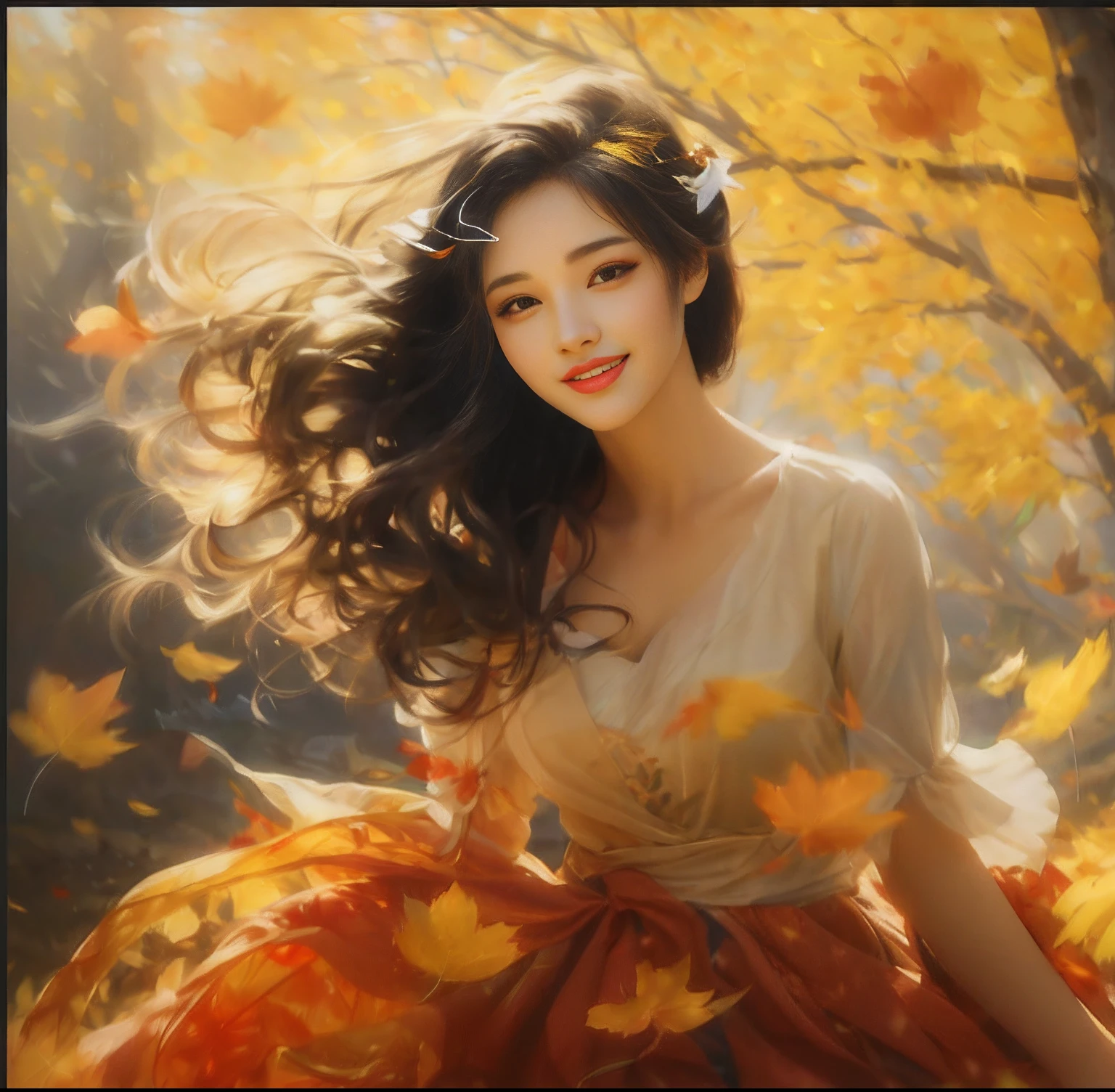 Draw a woman in a dress,Leaves stuck in the hair, beautiful autumn spirit, Gorgeous digital painting, Spastic Painting wind, beautiful digital painting, beautiful gorgeous digital art, Beautiful character painting, Autumn wind, Beautiful digital artwork, digital art oil painting, painting of beautiful, wind blowing leaves, goddess of autumn, beautiful digital art, Very Beautiful Digital Art