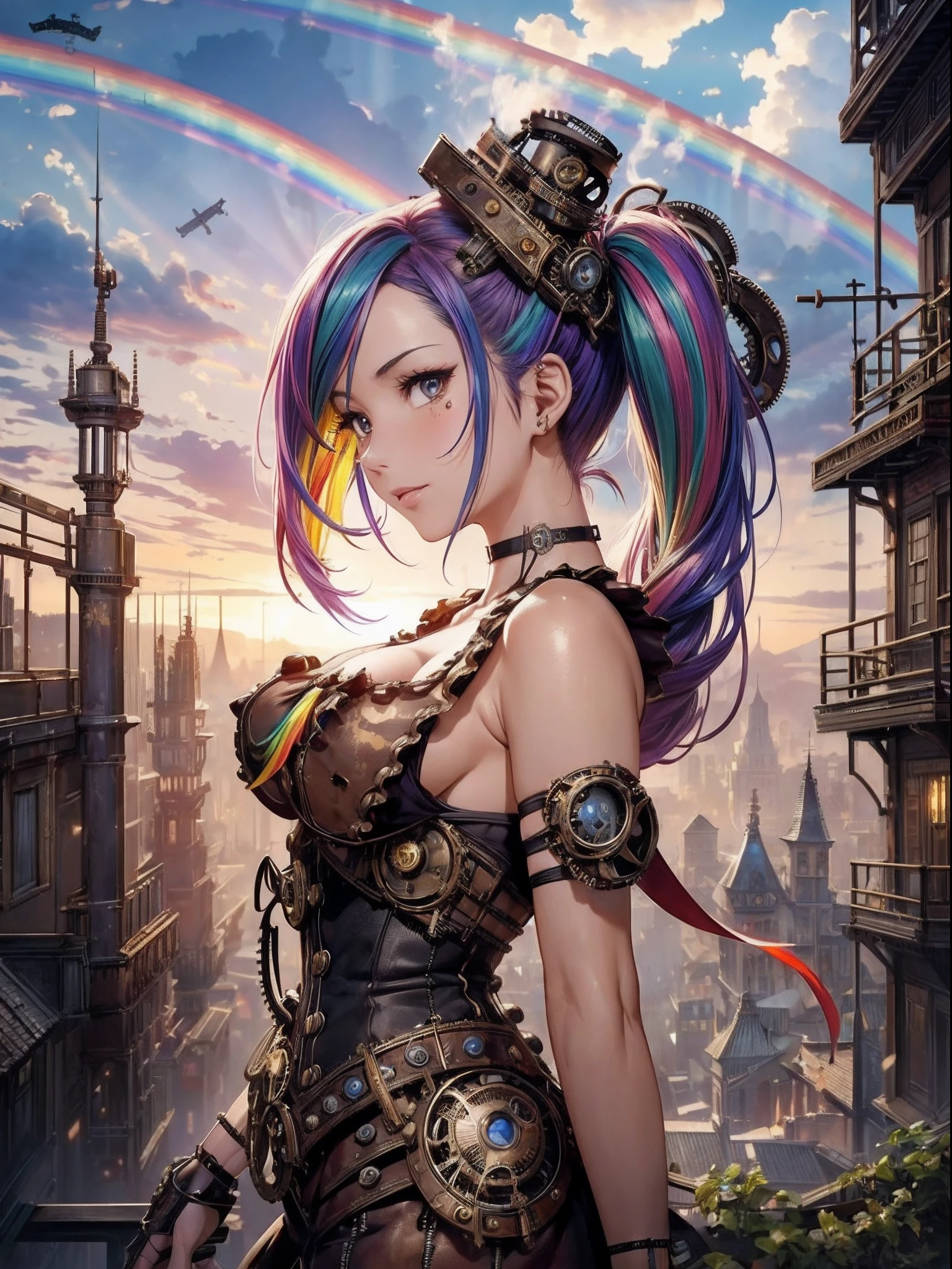 (masutepiece:1.3), (8K, Photorealistic, Raw photo, Best Quality: 1.4), Beautiful face, (Realistic face), Beautiful detailed eyes, (Realistic skin), Attractive, Intricate details,Golden ratio,  1 girl,Naughty smile, ((steampunc:1.5)),(rainbow hair:1.4),((Long twintails,Ribbon 1.4)),off shoulders,cleavage,mid-riff peak,gear wheel、Spring、Analog Clock、Steampunk world view、Dynamic Pose,Dynamic Angle,Intricate details, Hyper realistic, Perfect Anatomy