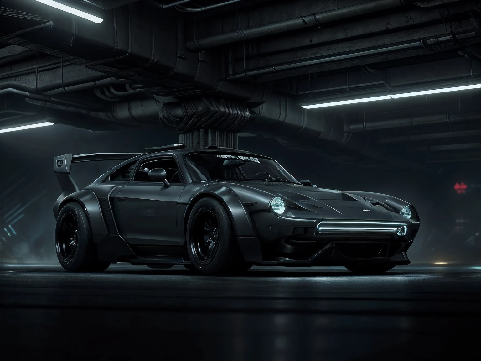 ((futuristic cyberpunk hotrod zeekars))(With reflective tires)of 3/4 front view of a,A bustling city at night,Pure black color scheme,Reflective,Texture,Faint purple headlights,urban backdrop,Sense of oppression