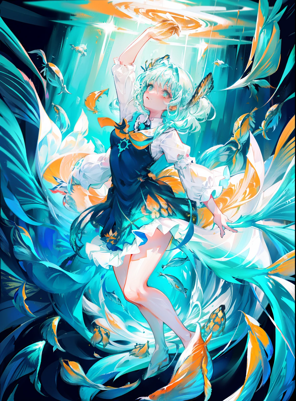 beautiful woman dancing underwater, ((Surrounded by schools of fish):1.6),dress spraying with colors, paint fanned out, paint splatter,wet, water, rim light, vibrant details, elegant, best quality, style-paintmagic,