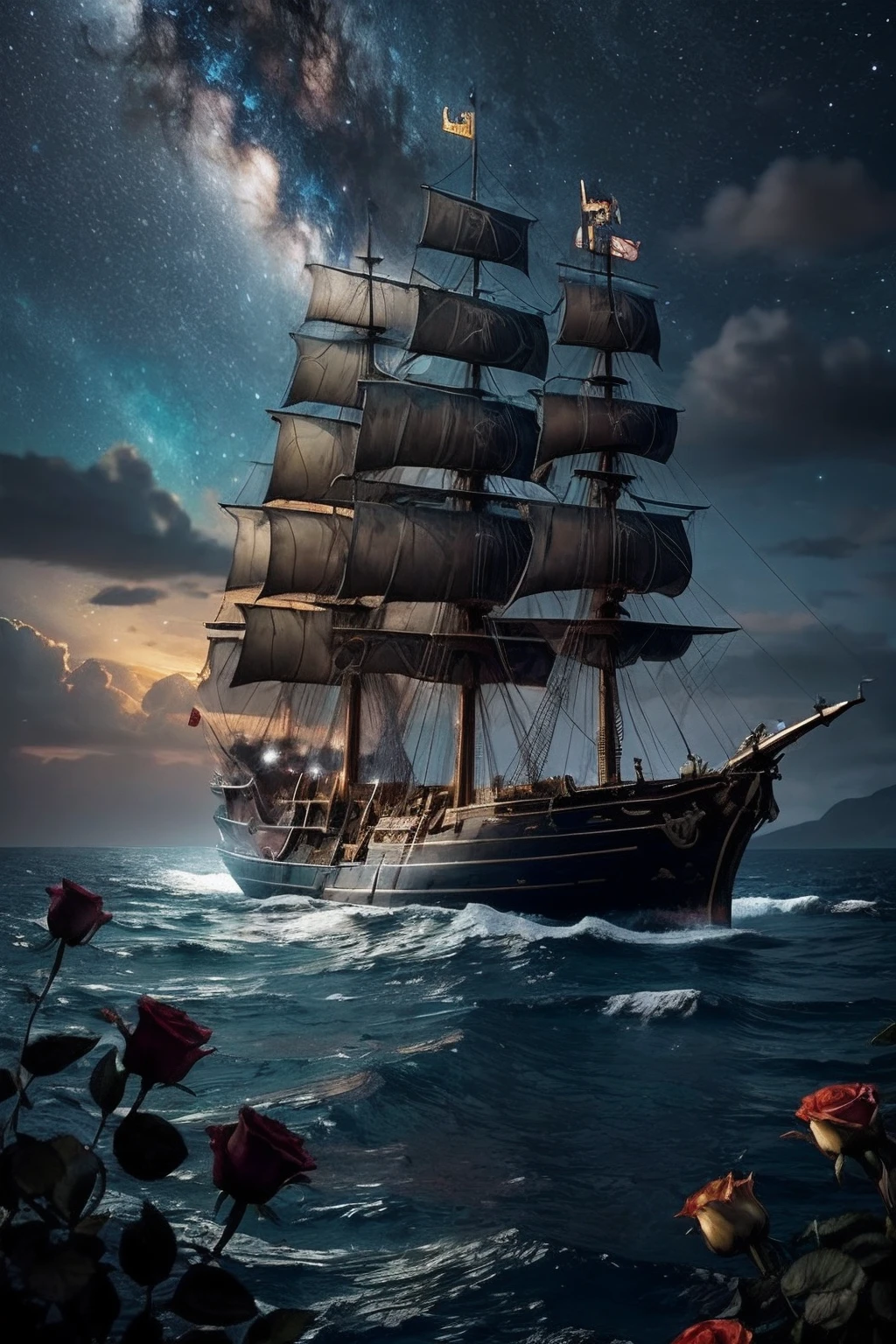night sky, hyperrealism, Top Quality, Thundercloud,Detail, Neon art,galaxies,meteor shower,rainbow,universe,The mysterious seabed,ignis fatuus,,Jellyfish,Forest Enchanted Forest, unrealengine,A giant space pirate ship flying through the clouds,Ghost Ship,Black Pearl,Giant Kraken,Surrounded by, It's full of ghost pirates, The Little Prince Who Became a Pirate, snake, rozen,A desert fox is riding, Close-up of the Little Prince playing the role of a pirate,Desert fox and snake side by side, Standing on deck inside the ship with roses in a glass jar --auto